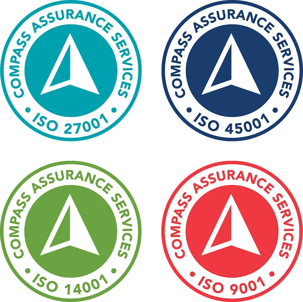 Four certification badges: Information Security ISO 27001, Occupational Health and Safety ISO 45001, Environment ISO 14001, Quality ISO 9001, all with check marks and SAI Global logo.