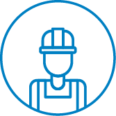Icon of a worker wearing a hard hat and apron inside a blue circle.