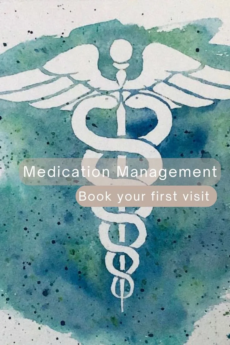 Watercolor painting of a caduceus symbol with a caption about medication management and booking an appointment.