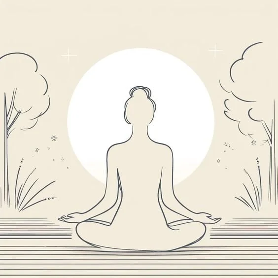 Line drawing of a person sitting in a meditative pose outdoors, with trees and plants on either side, and a large full moon in the background.