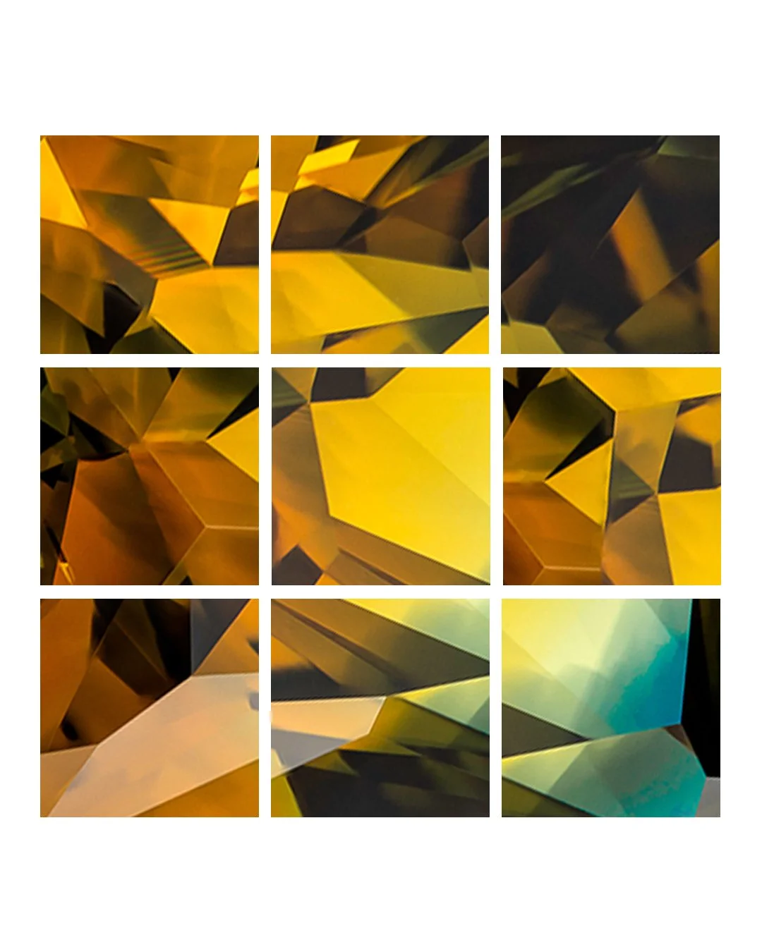PARTITIONS by Cesar Cueva. Nine macro photographic details of a single Australian parti sapphire from Glen Innes, NSW, revealing geometric facets and colour transitions from golden yellow and amber to green and turquoise