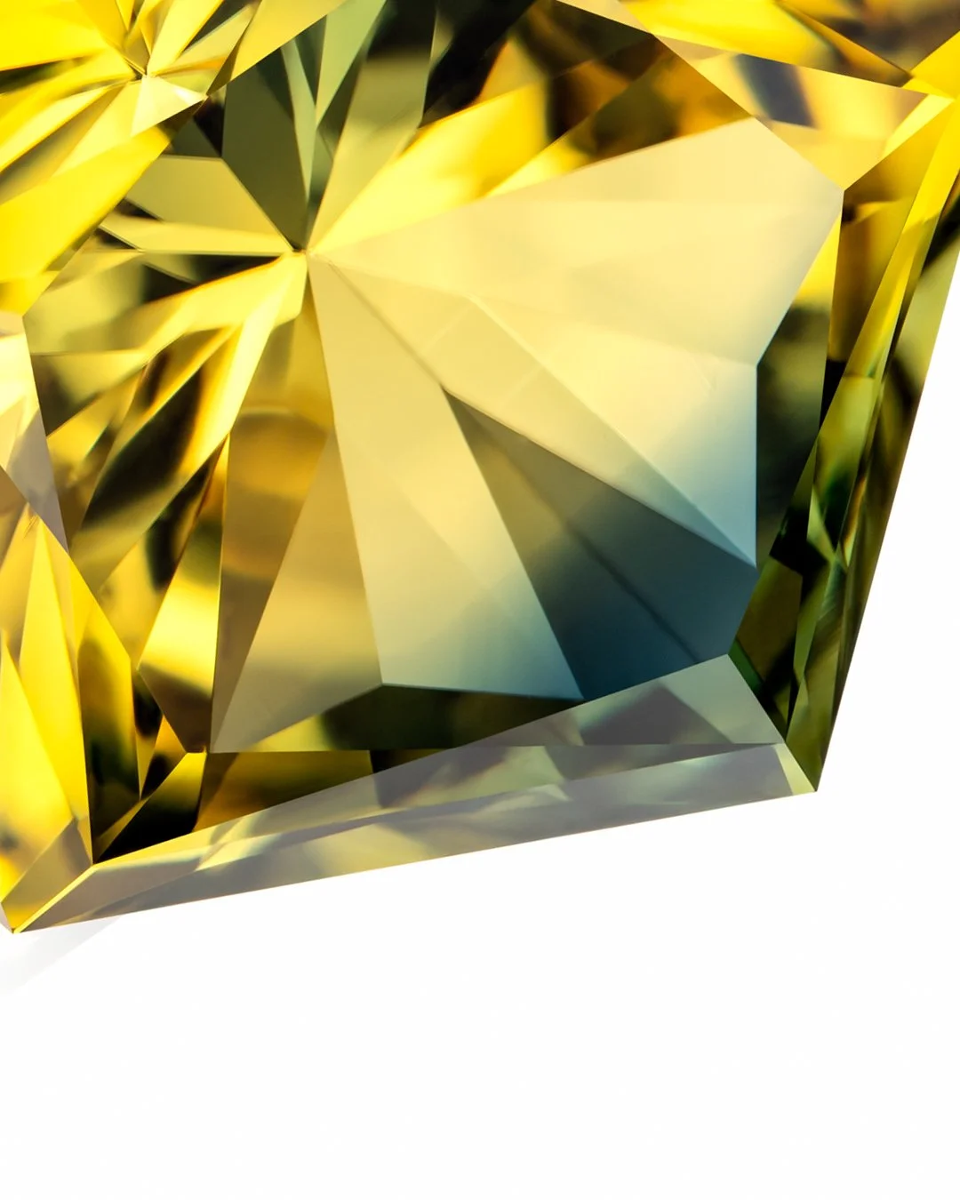 Focus stacked photograph of a 3.17 ct Australian yellow green parti sapphire with a pentagonal cut, showing golden facets and blue green colour transitions.