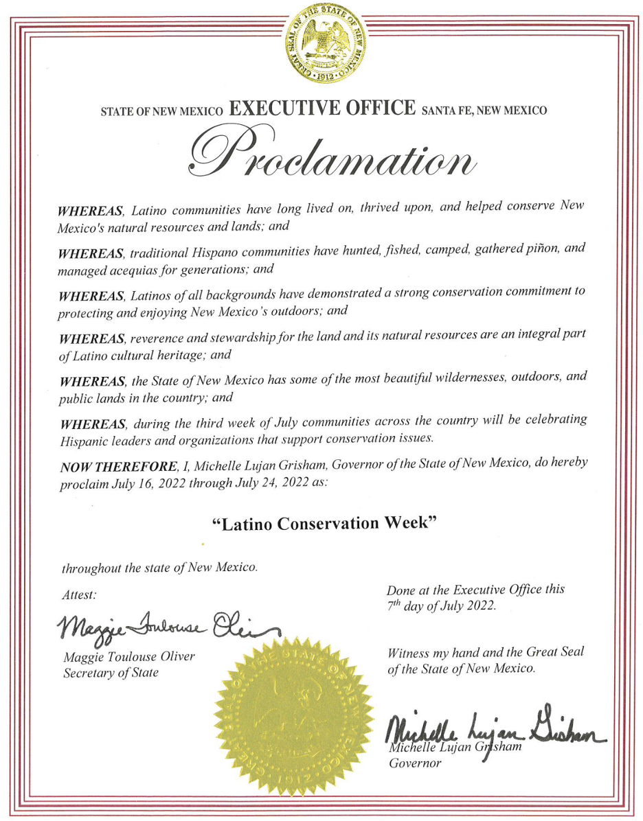Governor Michelle Lujan Grisham Proclaims July 16th- July 24th Latino Conservation Week in New Mexico