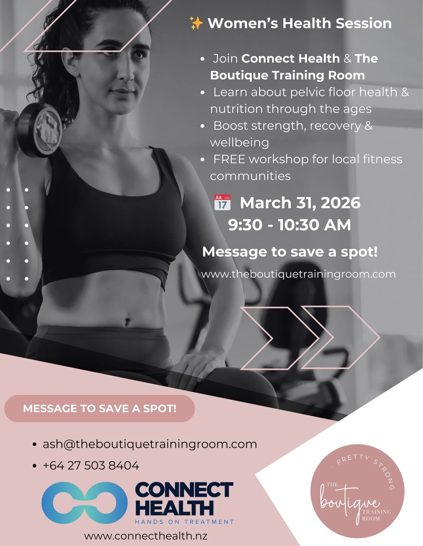 Free pelvic health workshop with @connecthealthnz 
Register your interest by flicking us a message, see you on Tuesday 31st March 9.30am

Come along for a workout beforehand if you like too! 💪🏼🎀