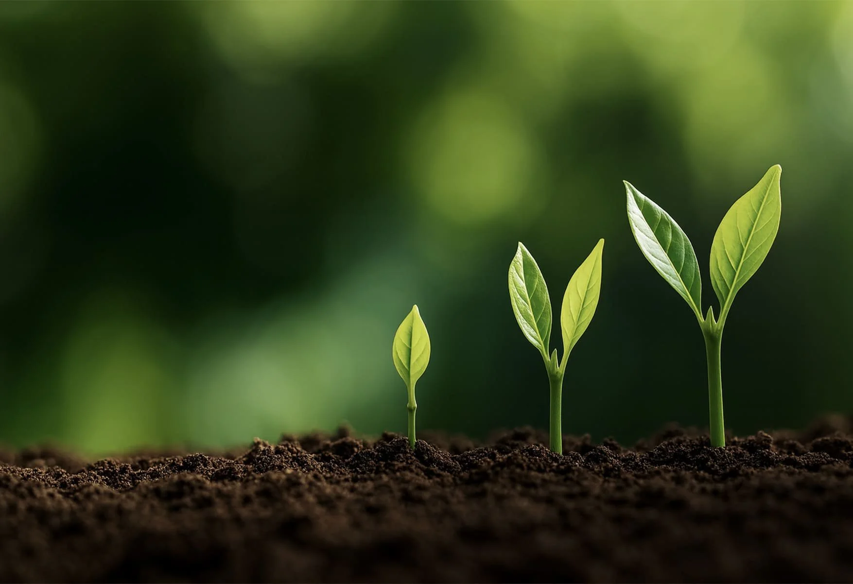 Trois jeunes pousses de plantes vertes en croissance dans la terre, avec un fond flou vert