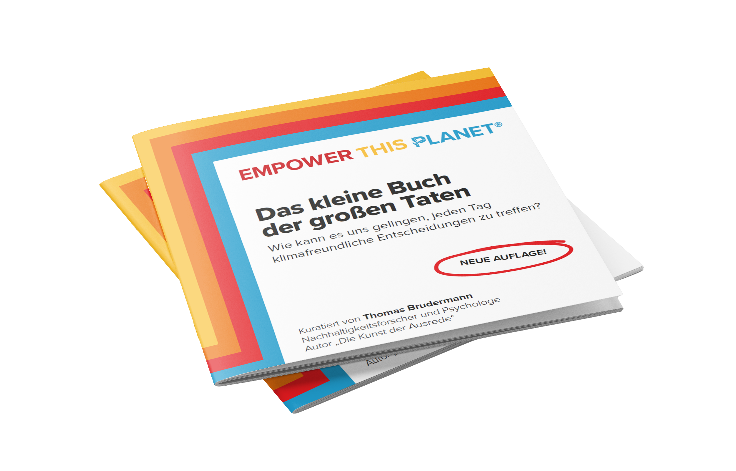 Zwei Broschüren mit dem Titel "Das kleine Buch der großen Taten" und einem roten Kreis um den Text "NEUE AUFLAGE!"