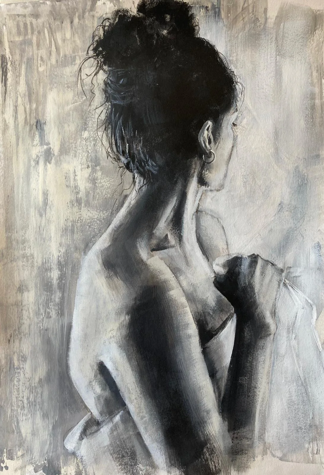 A grayscale painting of a woman with her back to the viewer, holding a cloth near her shoulder, with her hair in a loose bun and wearing earrings.