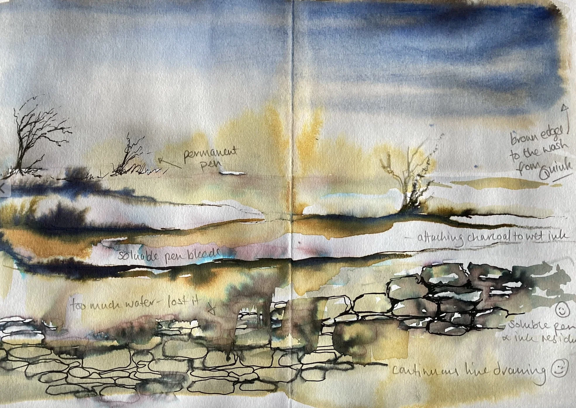 A watercolor landscape sketch of a natural scene with trees, rocks, and water. Handwritten notes label elements such as a permanent perch, dry and wet rocks, charcoal attachment, and soluble pen bleeds.