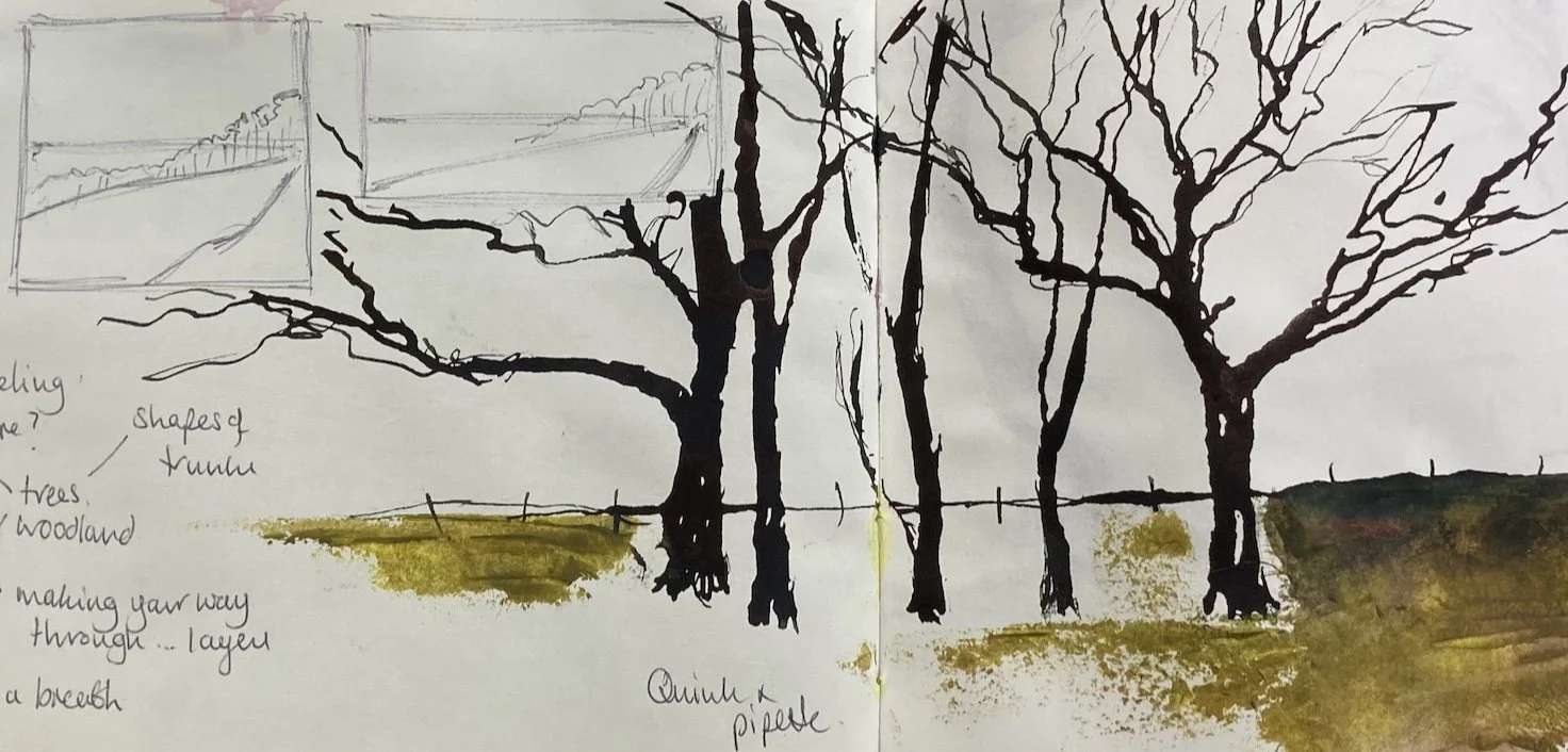 Sketch of five leafless trees with dark branches, set in a field with some yellow and green watercolor shading, under a cloudy sky.