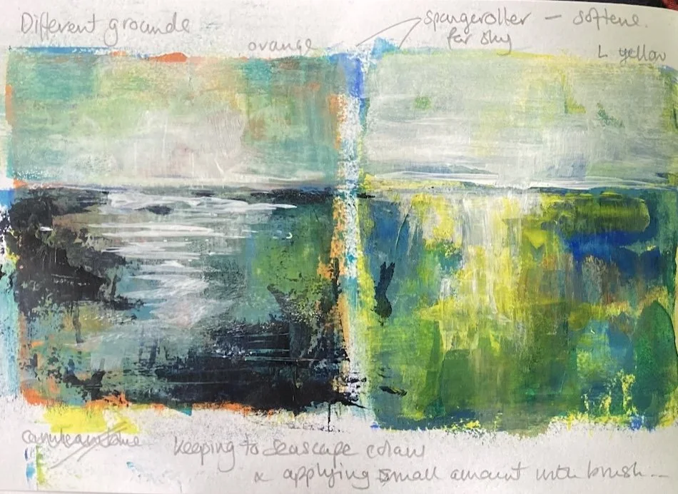 A colorful abstract painting divided into four quadrants, with handwritten notes at the top and bottom describing different ground colors, shades of orange, and techniques for painting, such as using a spray roller for sky and applying small amounts of paint.