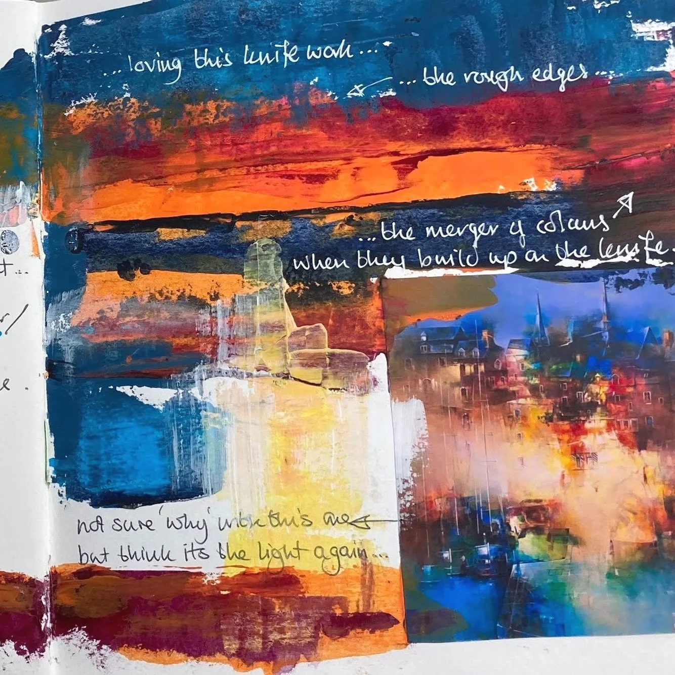Abstract painting featuring a colorful sunset with a reflection on water, handwritten notes and sketches, and a small painted cityscape with houses and masts.