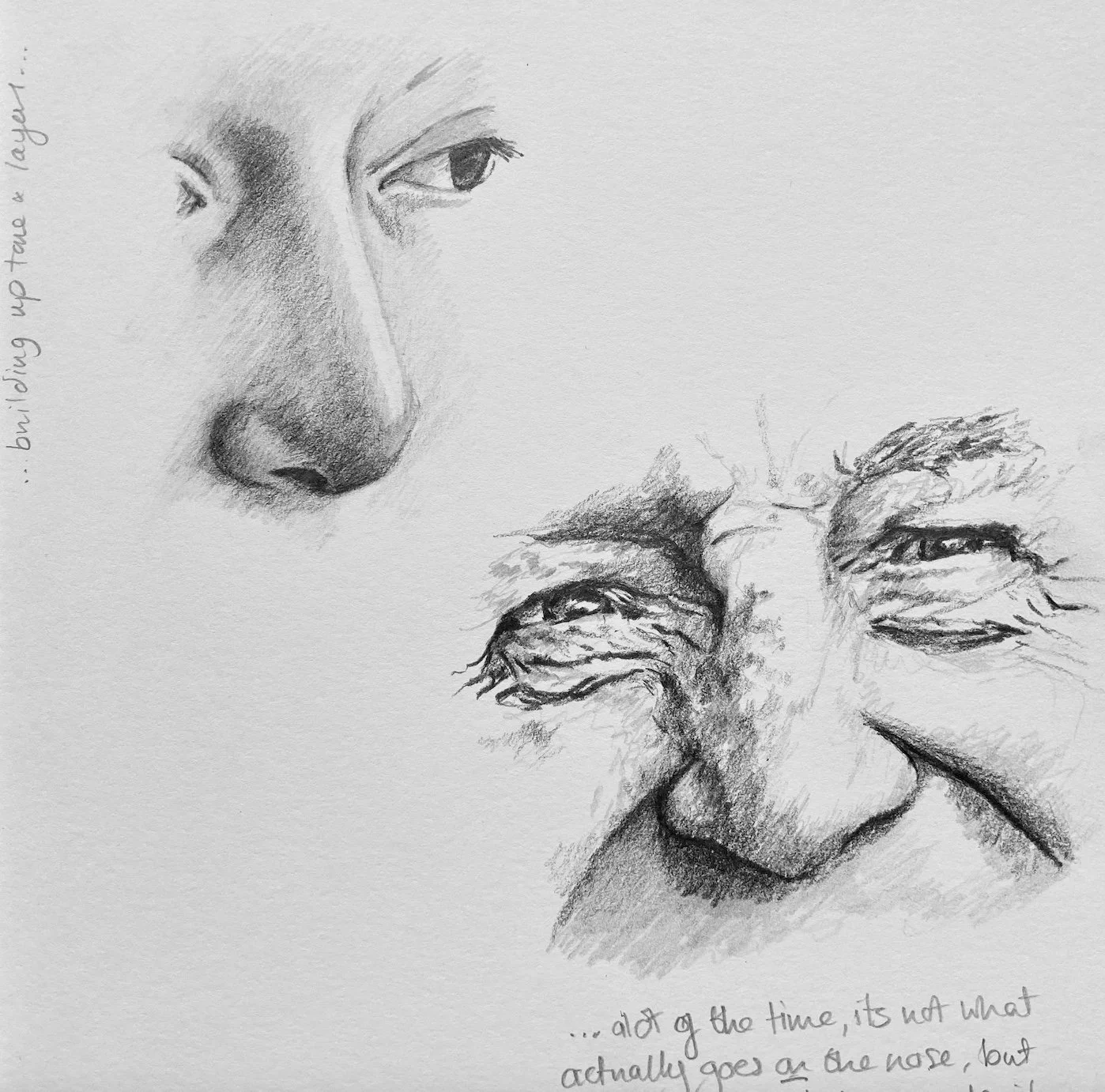 A pencil sketch of two faces: a young person's profile showing a nose and eye, and an elderly person's face with smiling eyes and deep wrinkles.