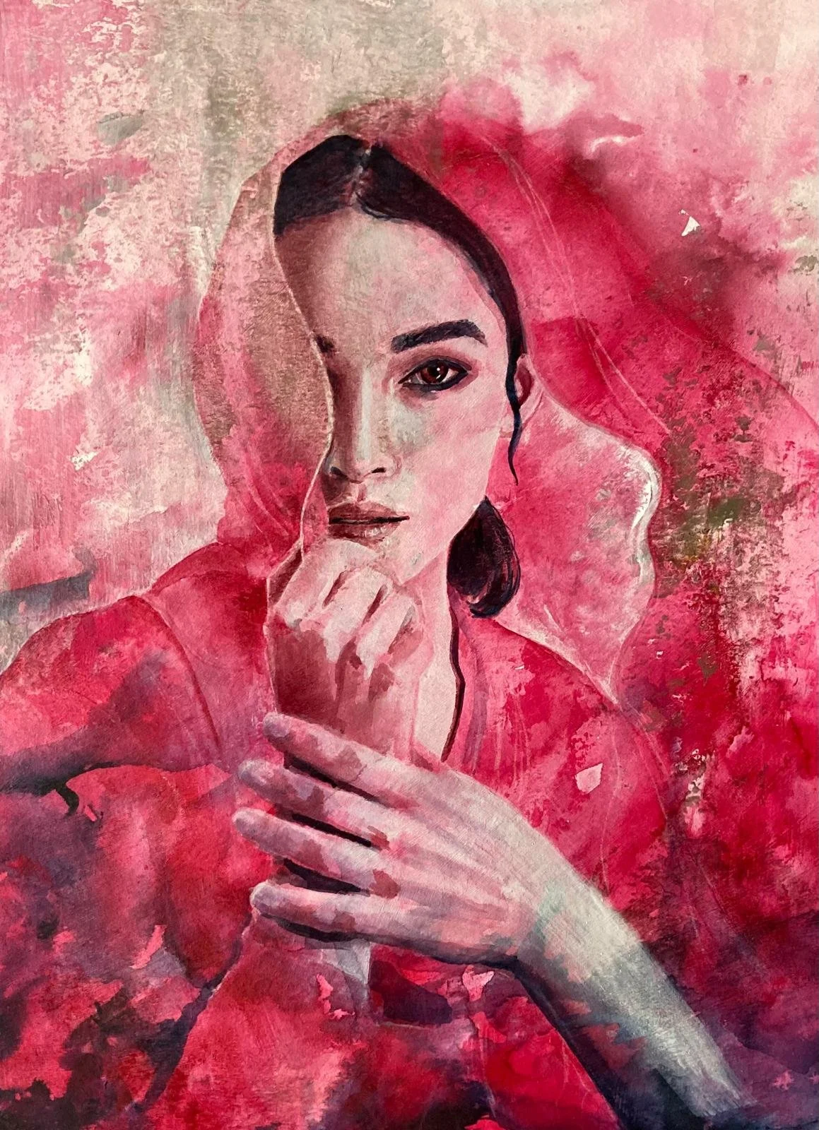 A painting of a woman with dark hair, one eye visible, lips pursed, holding a finger to her lips, with pink and red abstract background.
