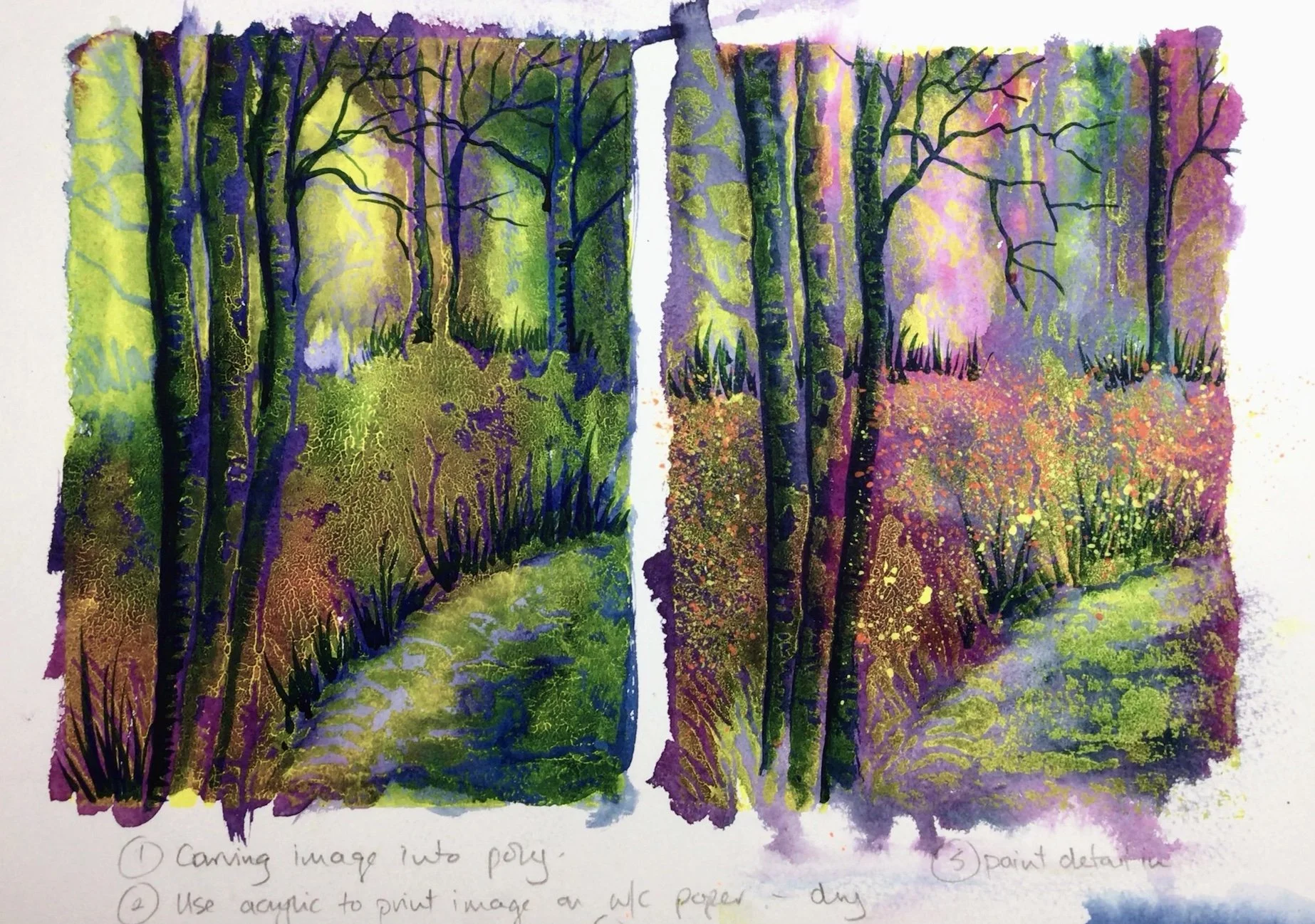 Colorful watercolor paintings of wooded forest scenes with trees and dense foliage, divided into two sections.
