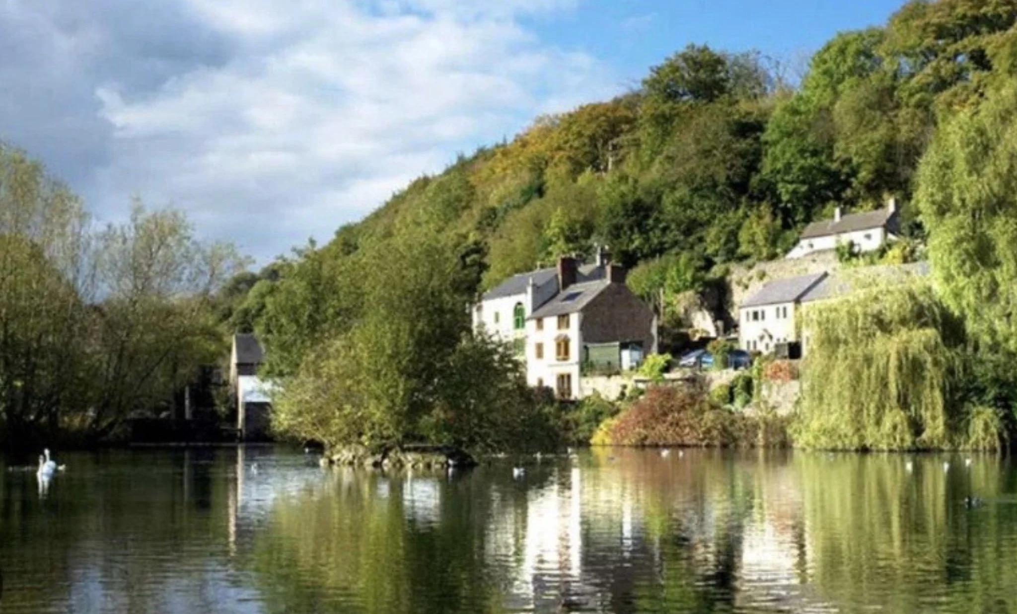 Houses nestled on a hillside overlooking a river with trees on either side