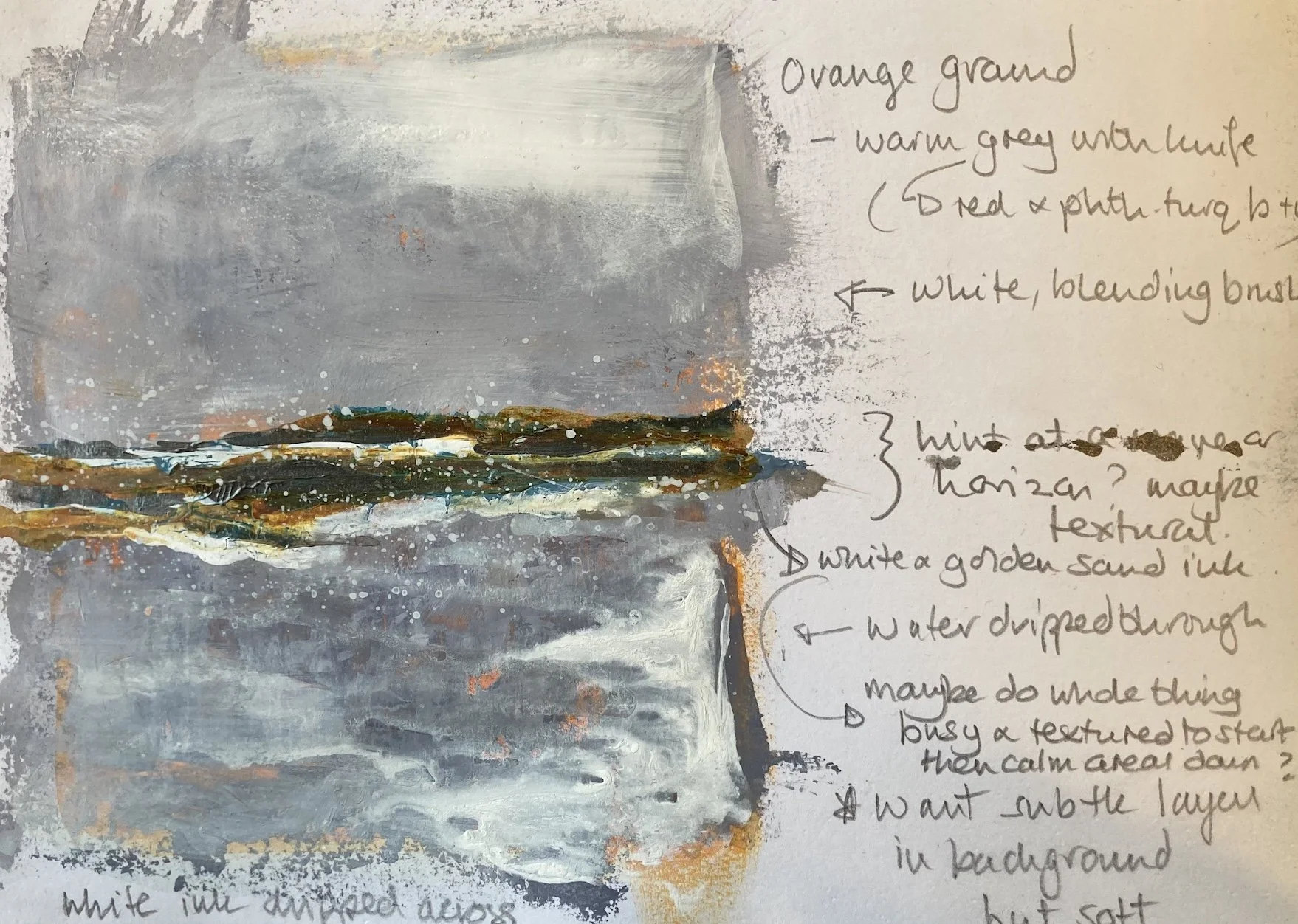 An abstract painting with a mostly gray and white background, featuring a horizontal textured band of dark greens, browns, and golds in the center. Handwritten notes in brown ink are visible on the right side, listing color mixing ideas and artistic techniques.