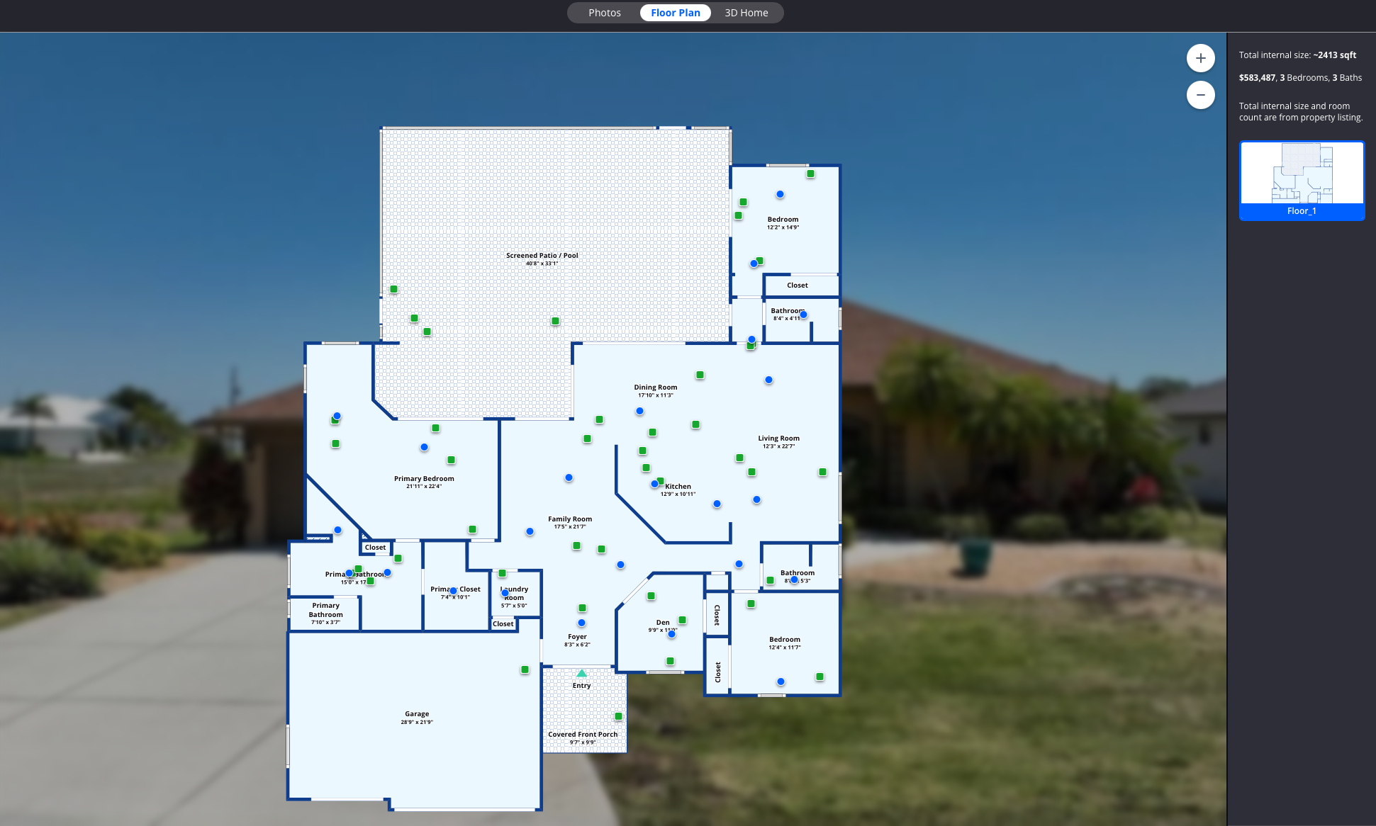 Floor plan layout with blue and red circles marking specific locations.