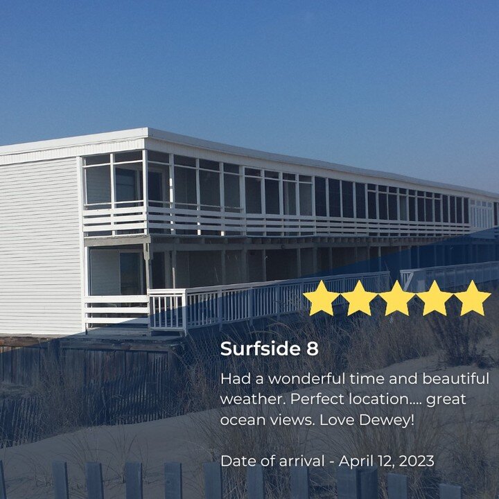 Another 5 star review for Surfside 8, our oceanfront townhome on McKinley Ave in Dewey Beach. 
Walk directly off your back porch onto the beach, or watch the waves crashing from your private deck off the primary bedroom. 
This is our favorite place t