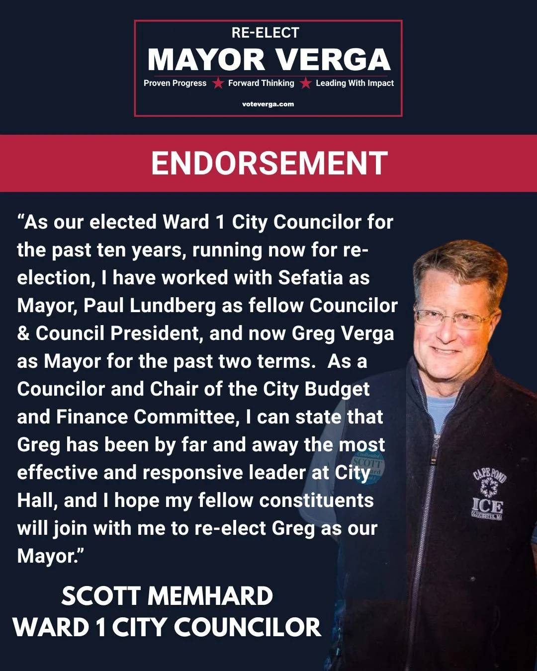 &ldquo;By far the most effective and responsive leader at City Hall.&rdquo;⁠
Ward 1 Councilor Scott Memhard says Mayor Greg Verga gets results, from major infrastructure projects to housing and open space investments. Join him in supporting Greg Verg