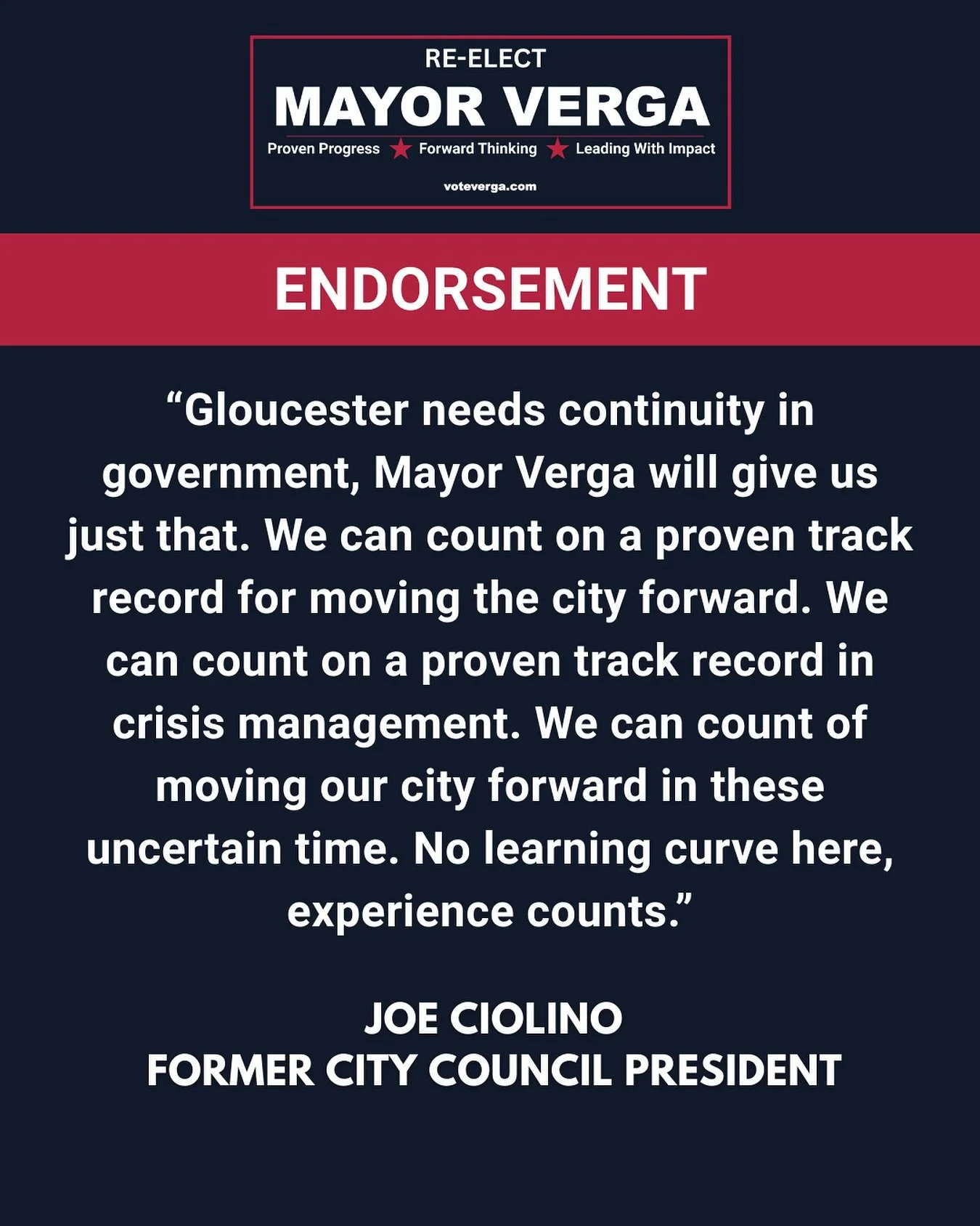 Former Gloucester City Council President Joe Ciolino is backing Mayor Greg Verga for re-election &mdash; citing his proven leadership, experienced team, and steady hand guiding Gloucester forward.

Read Joe&rsquo;s full endorsement and a growing list