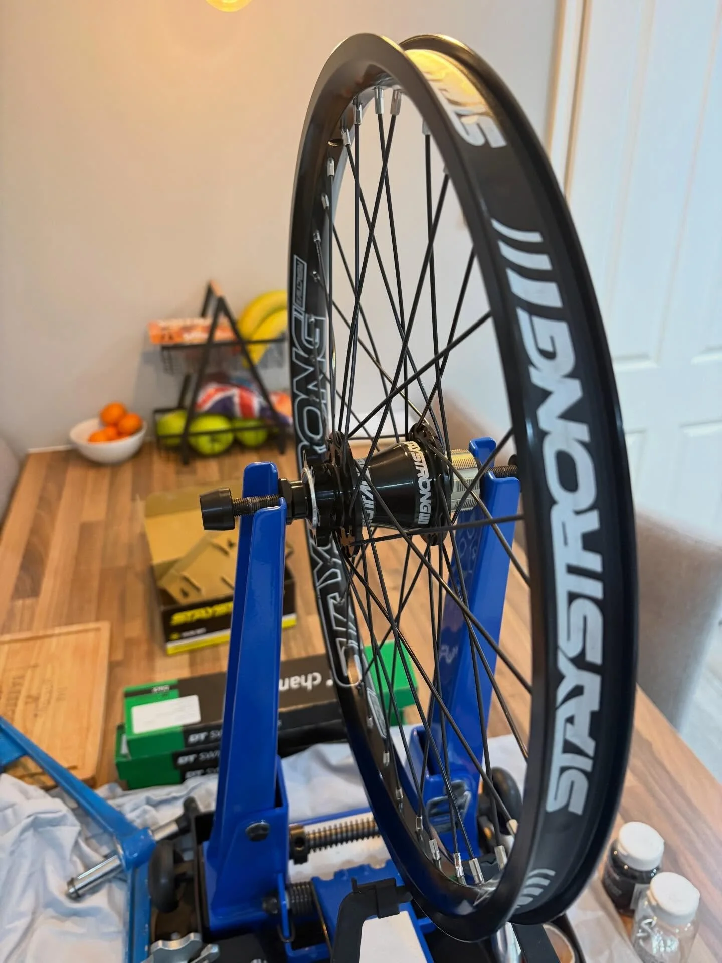 A chilled evening at home drinking coffee, listening to house music and building wheels. I didn&rsquo;t want the fruit 🤣
This time we have built a splendid set of 20&rdquo; #bmx wheels for a life long customer. He supplied the hubs and rims from @st