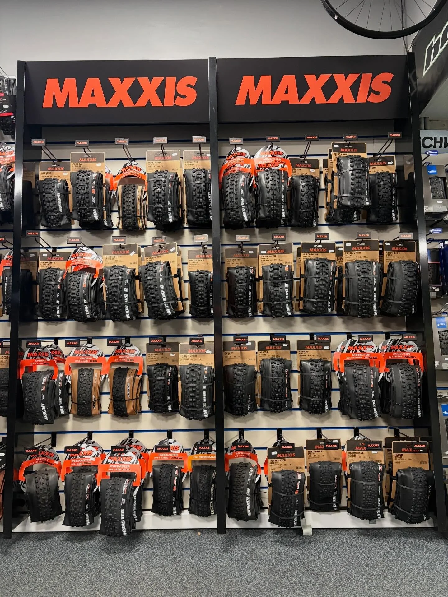 Hello there, have you any tyres?

The @maxxis_tyres from @madison.cycles are now lovingly placed with this rather nice display.
We carry a great range of their popular Mountain bike tyres and a fair choice of their gravel tyres.
Just something else y