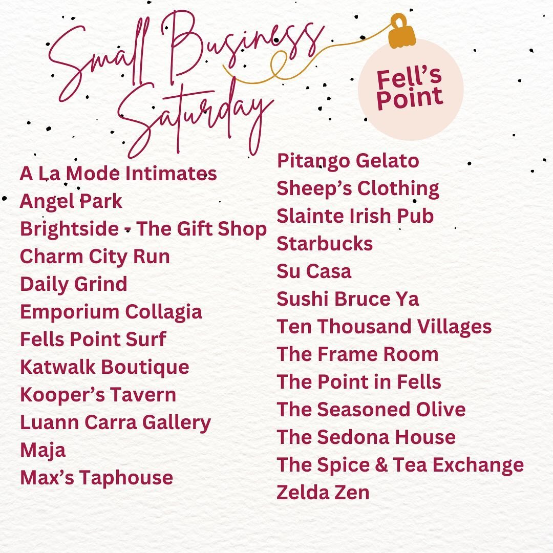 Happy Small Business Saturday! Spend money in any Fell&rsquo;s Point business today (11/30) and upload your receipt for a chance to win a Fell&rsquo;s Point shopping spree! We are pulling three winners on Tuesday, 12/3 who will each win a bundle of g