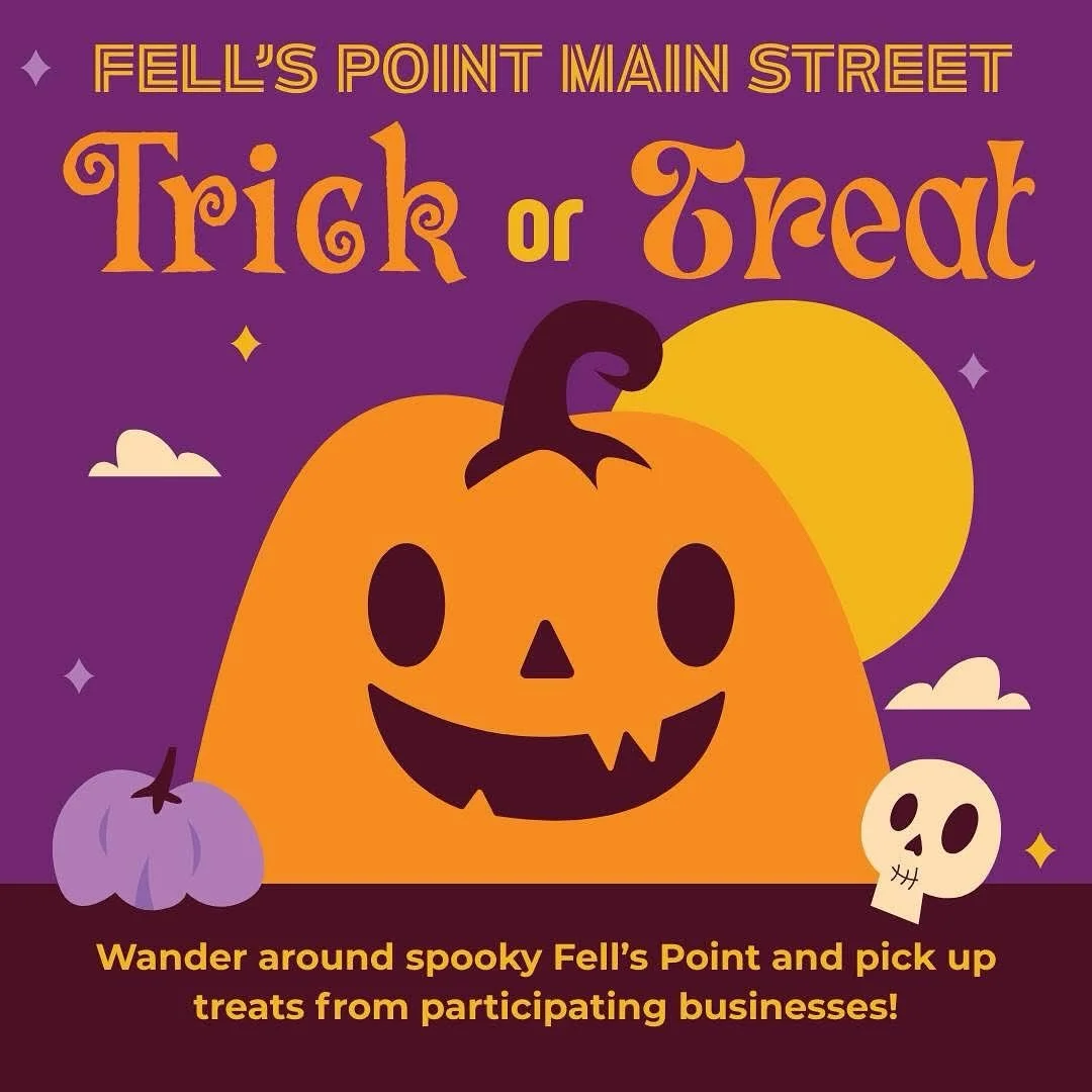 Trick or Treat with Fell&rsquo;s Point Main Street! Join us on Halloween, Friday, October 31st from 4p-7p for some neighborhood fun. Wander around spooky Fell&rsquo;s Point and pick up treats from participating businesses. We can&rsquo;t wait to see 