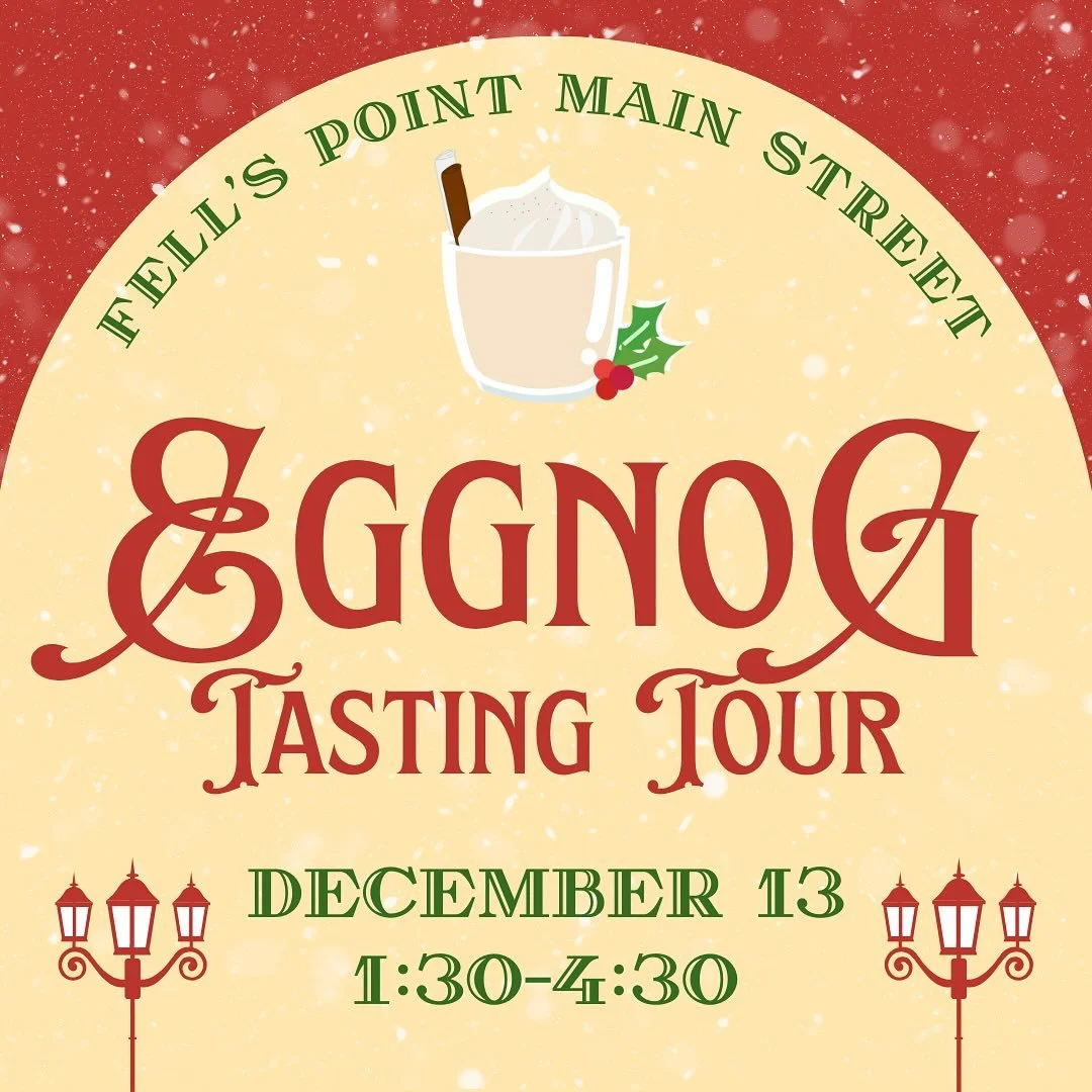 SAVE THE DATE🎅Our annual Fell&rsquo;s Point Main Street Eggnog Tasting Tour is Saturday, Dec 13th from 1:30p-4:30p. Enjoy handcrafted sips of eggnog from participating businesses throughout the neighborhood. Early bird pricing ($22) until midnight o