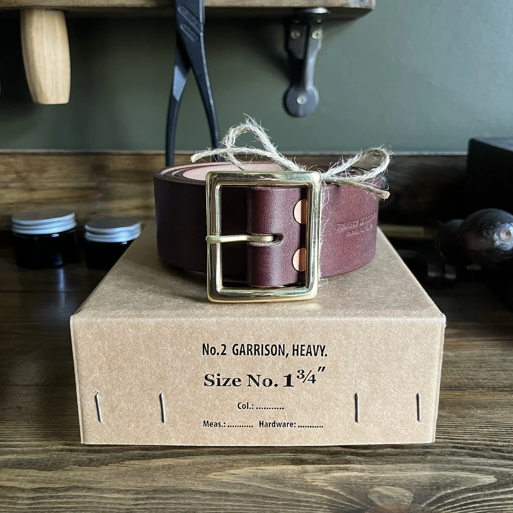 Handmade, oak bark leather heavy Garrison belt with solid brass