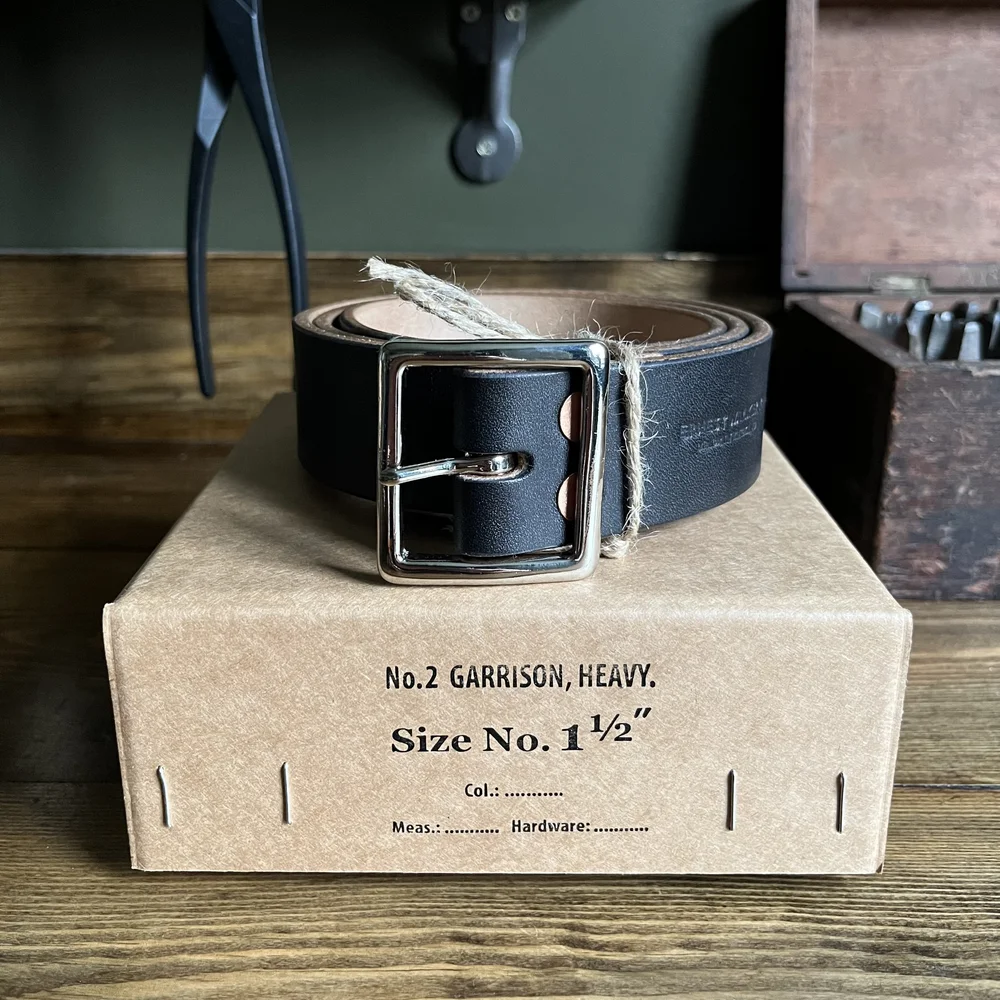 Handmade, oak bark leather heavy Garrison belt with solid brass