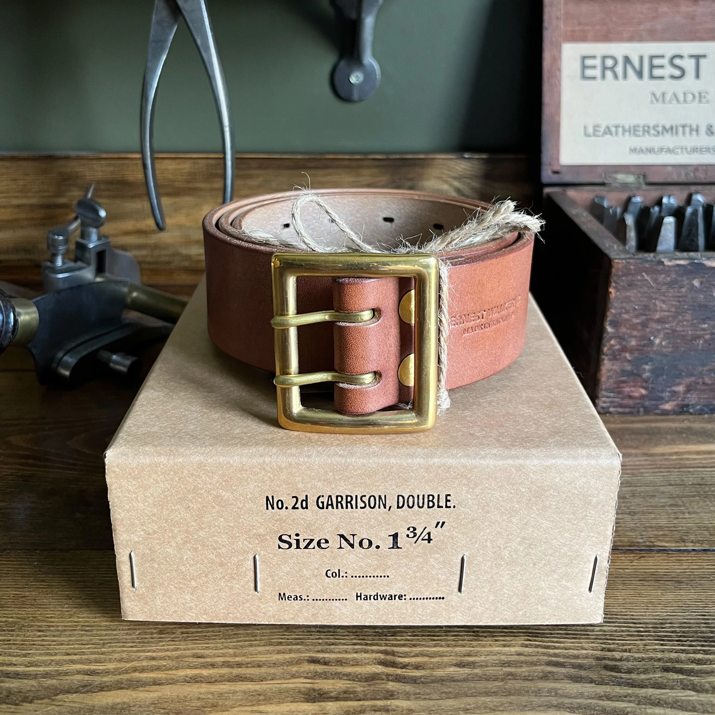 Leather Double Tongue Motorcycle Garrison Belt on Vintage Box