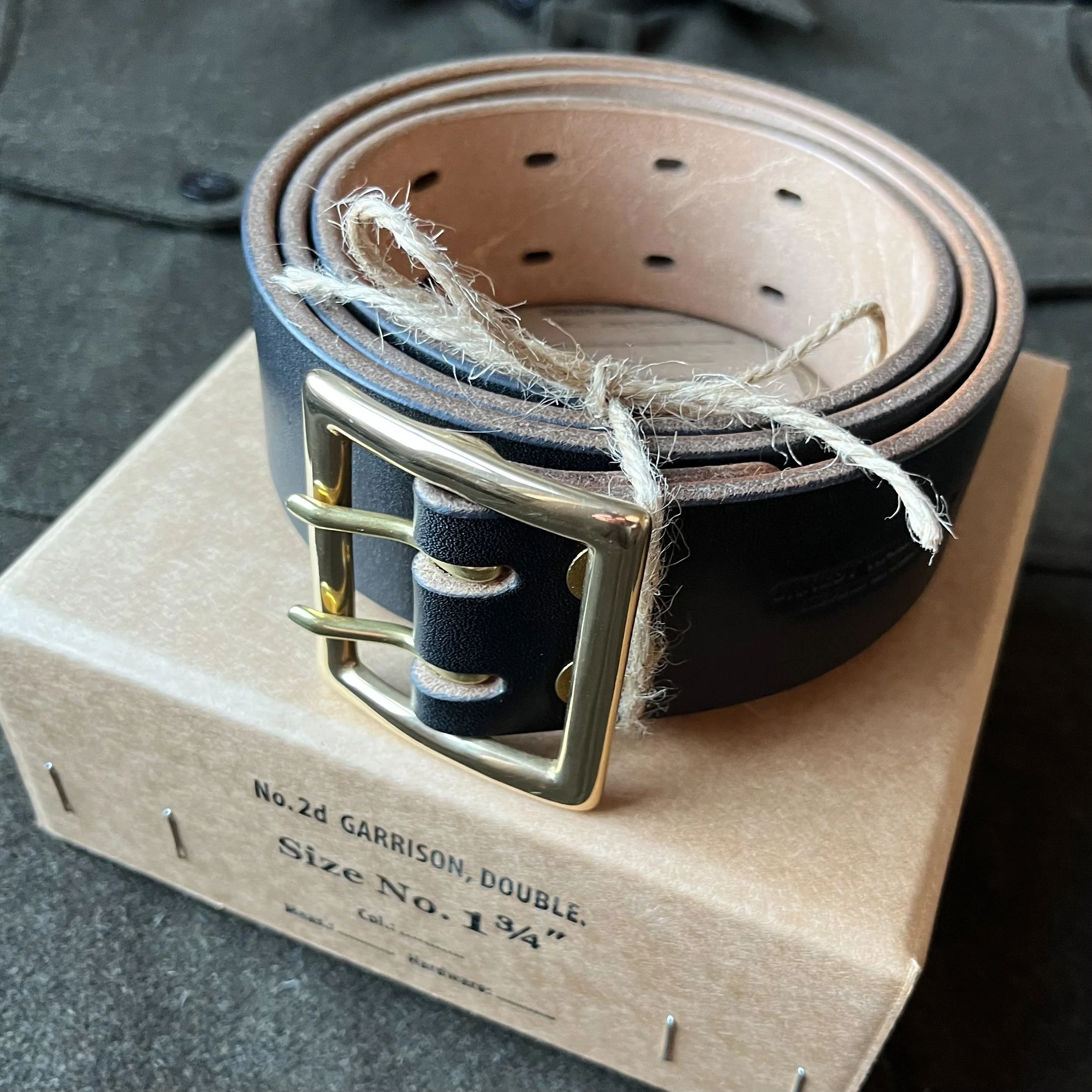 Handmade Leather Motorcycle Double Tongue Garrison Belt on Vintage Box