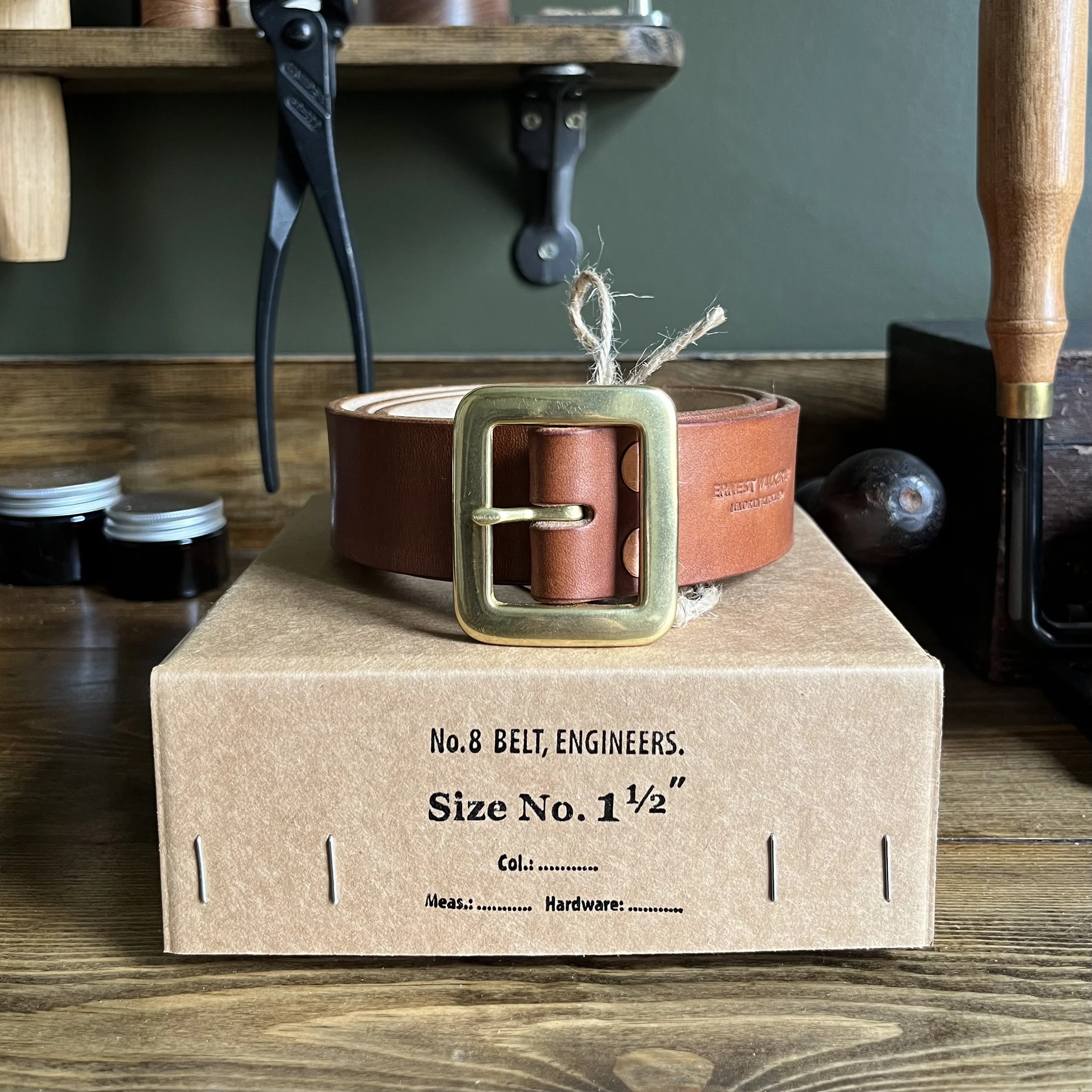Oak Bark Leather Garrison Belt on Vintage Work Bench