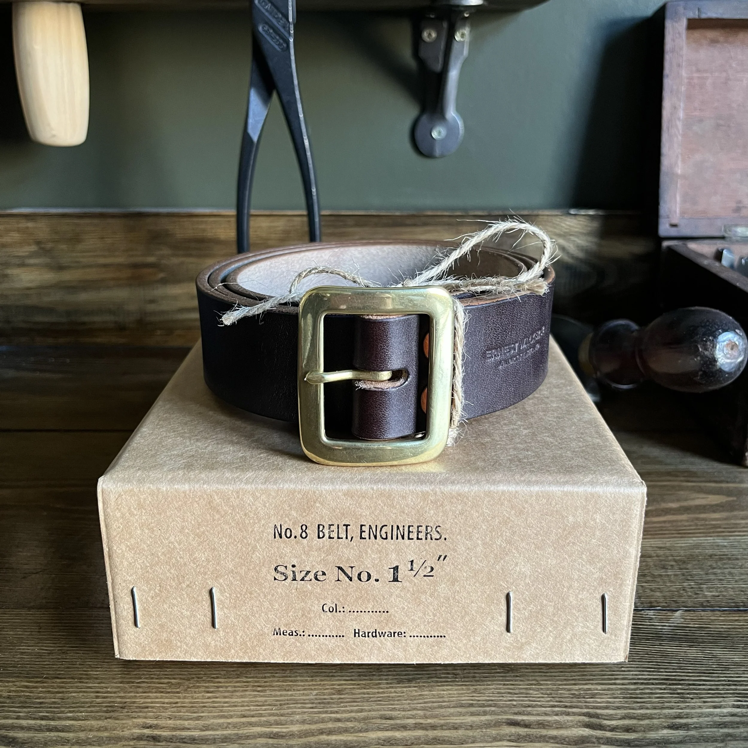 Handmade Leather Garrison Motorcycle Belt on WW2 Box