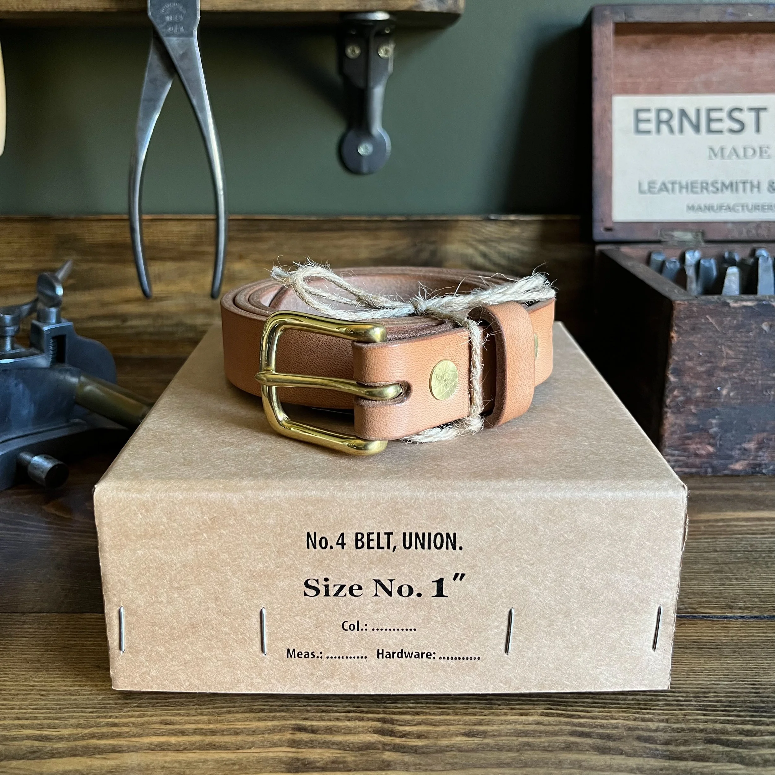 Handmade 1" Oak Bark Leather Belt with Brass Buckle on Vintage Box