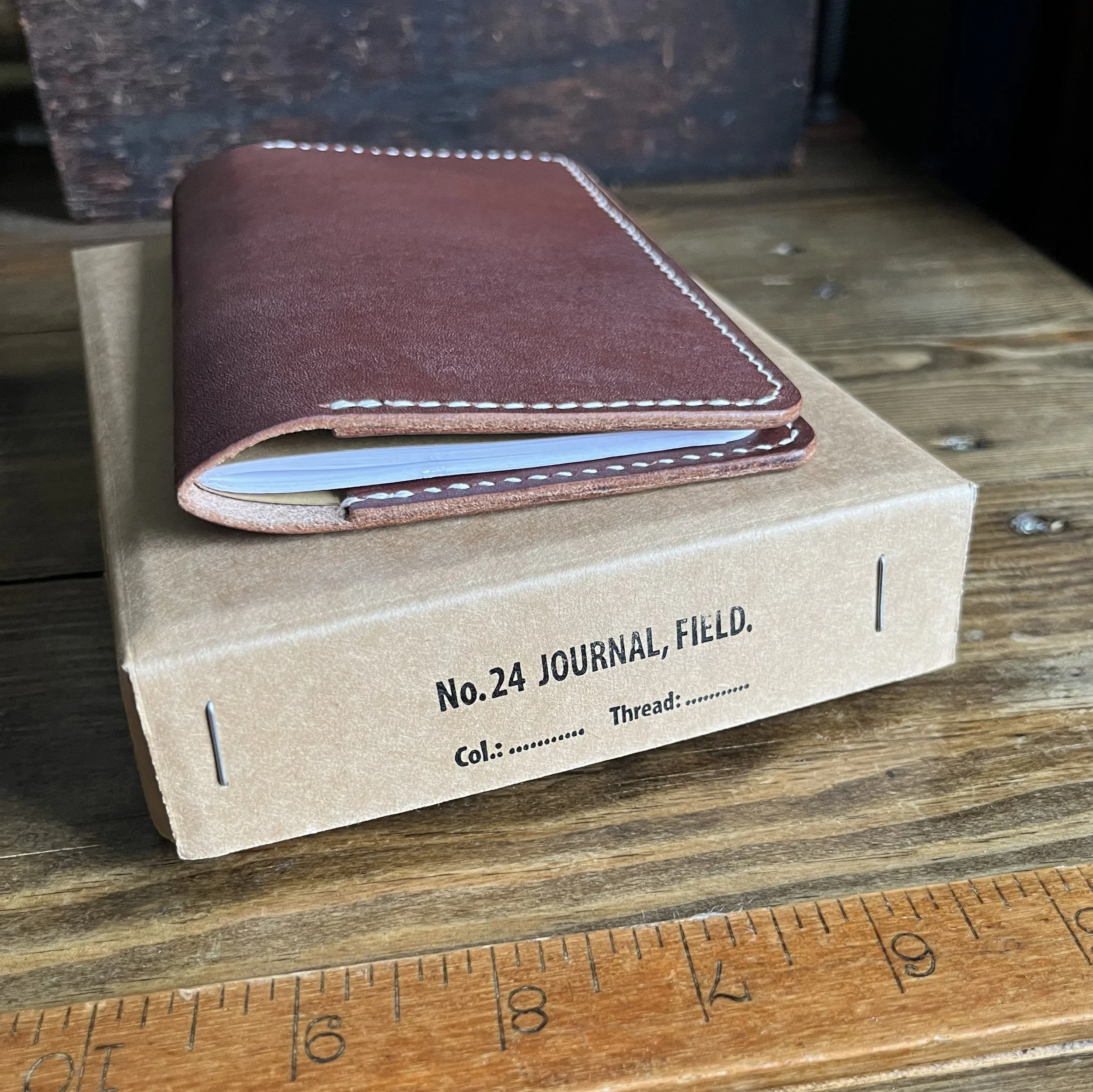 Handmade Leather Field Notes Journal Cover on Vintage Box