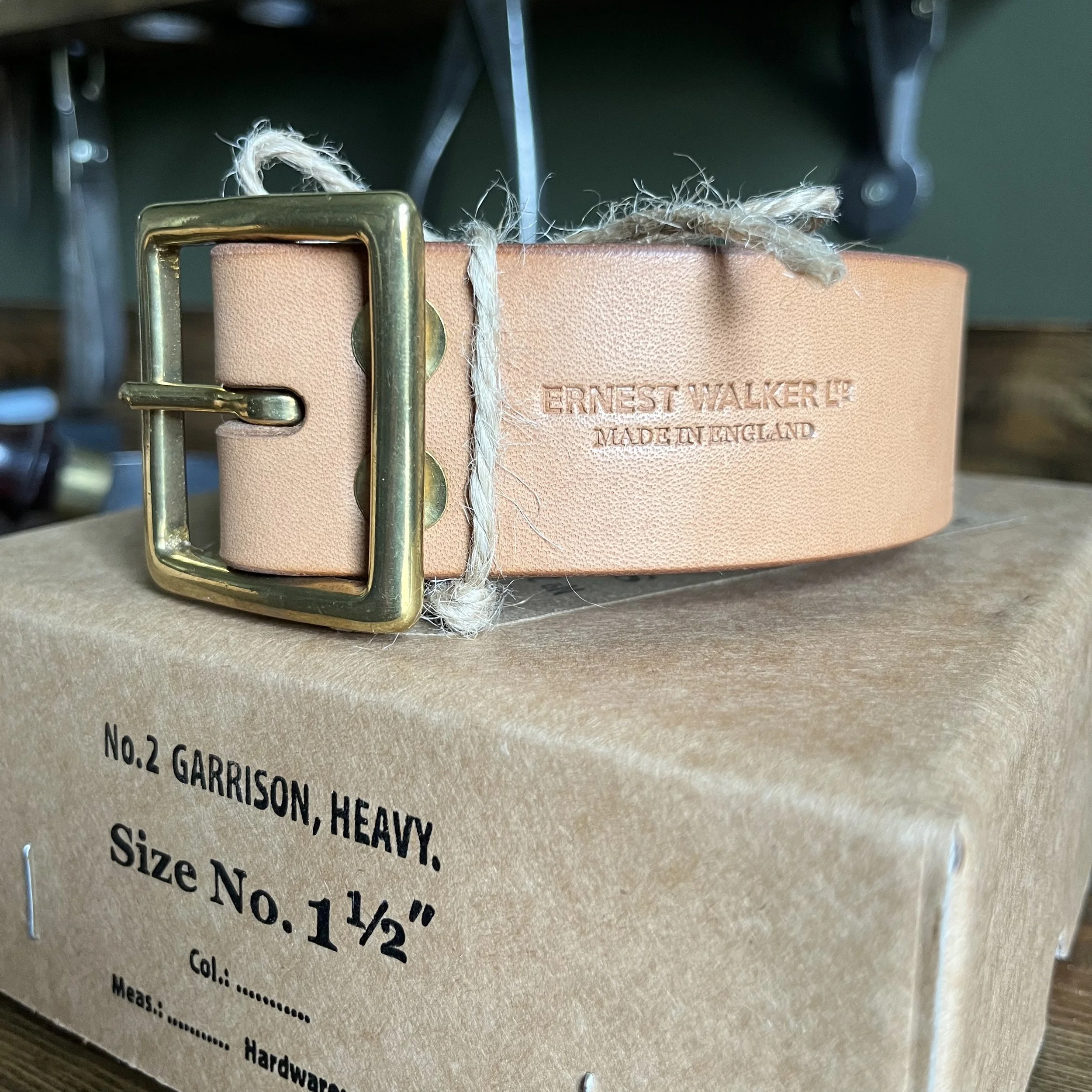 Natural Oak Bark Leather Motorcycle Garrison Belt with Brass Buckle on Vintage Box