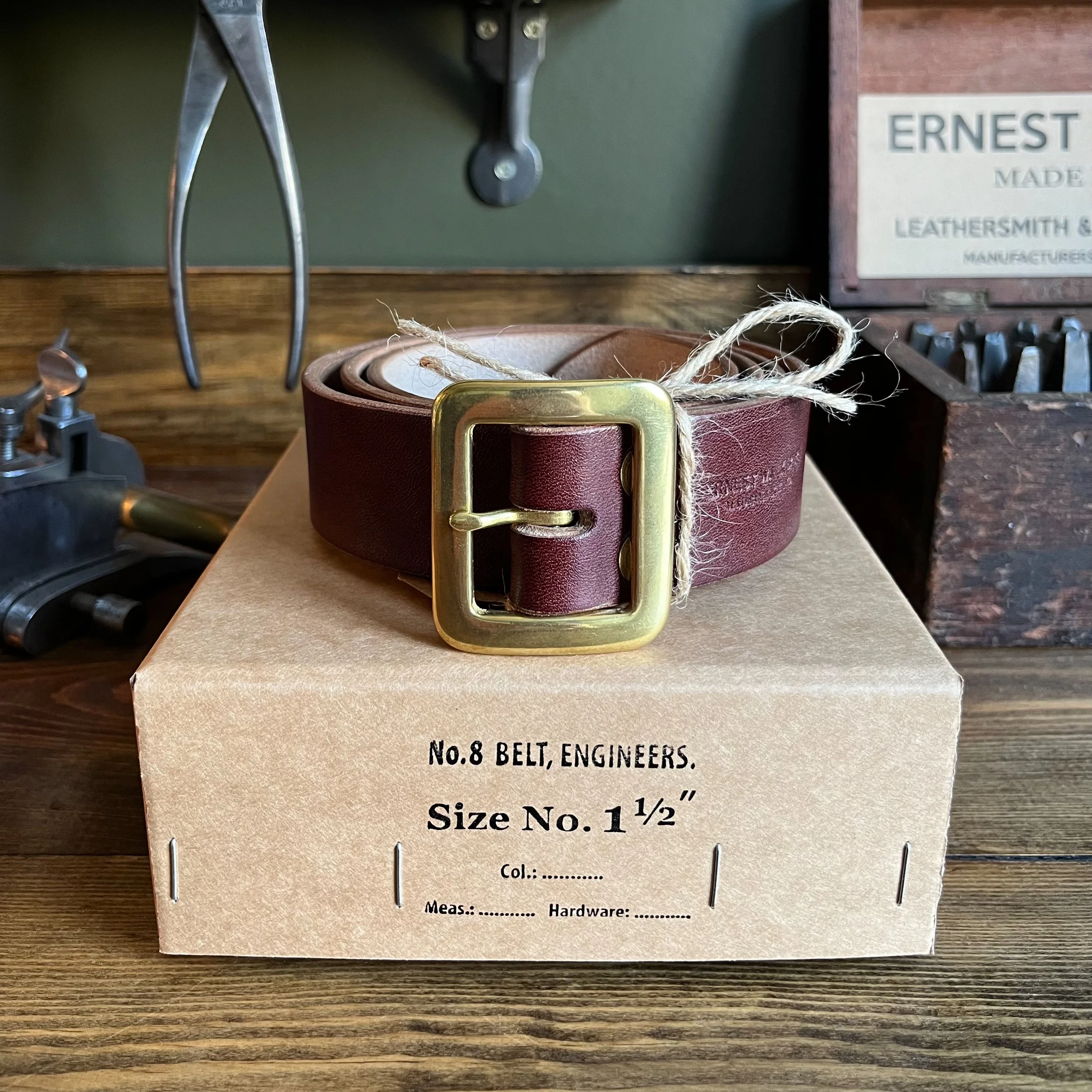Whiskey Leather Handmade Garrison Belt on Vintage Box
