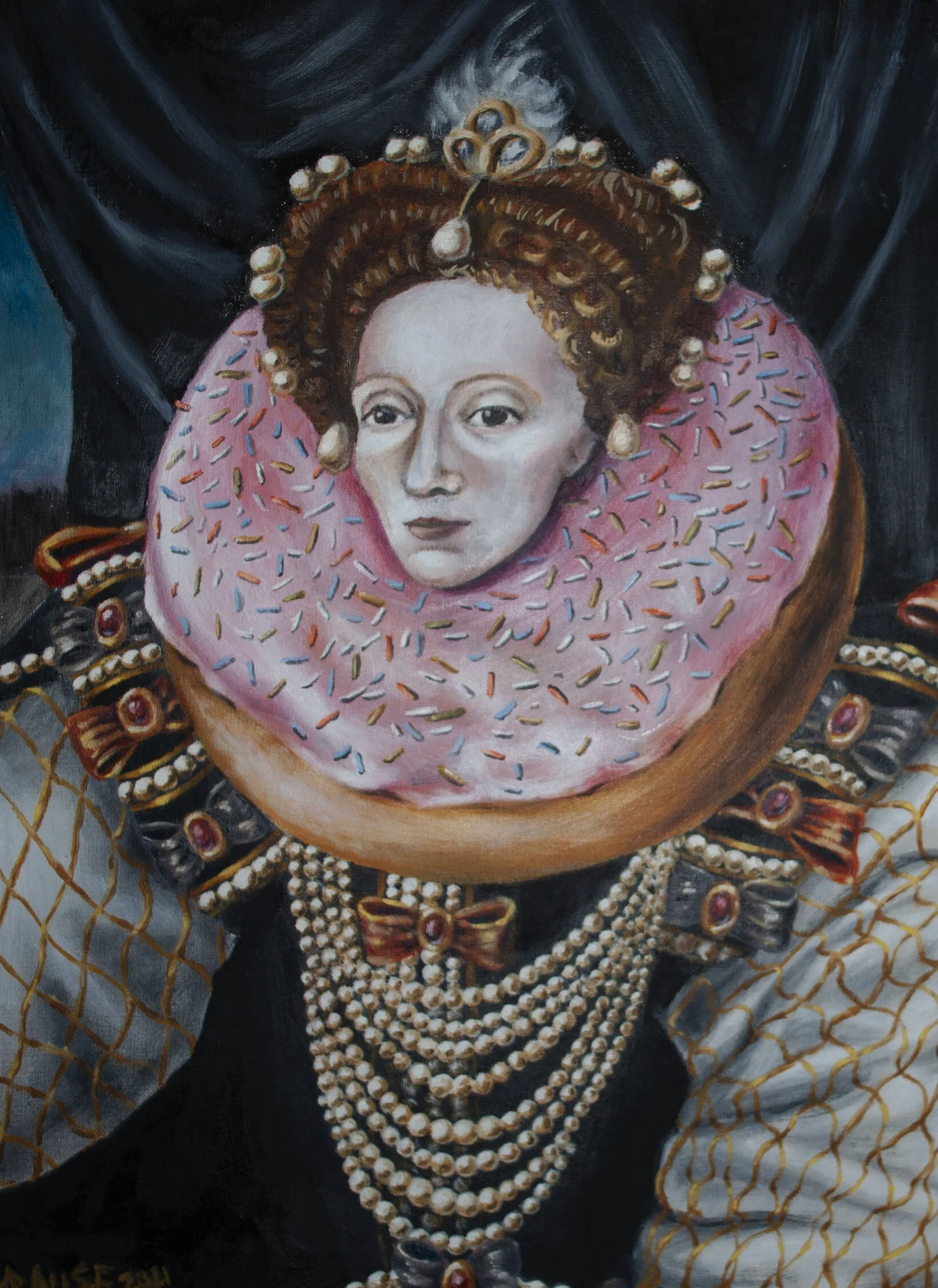 The Armada Portrait of Elizabeth I (The Doughnut Queen), 18"x 24", oil and acrylic on canvas, 2021