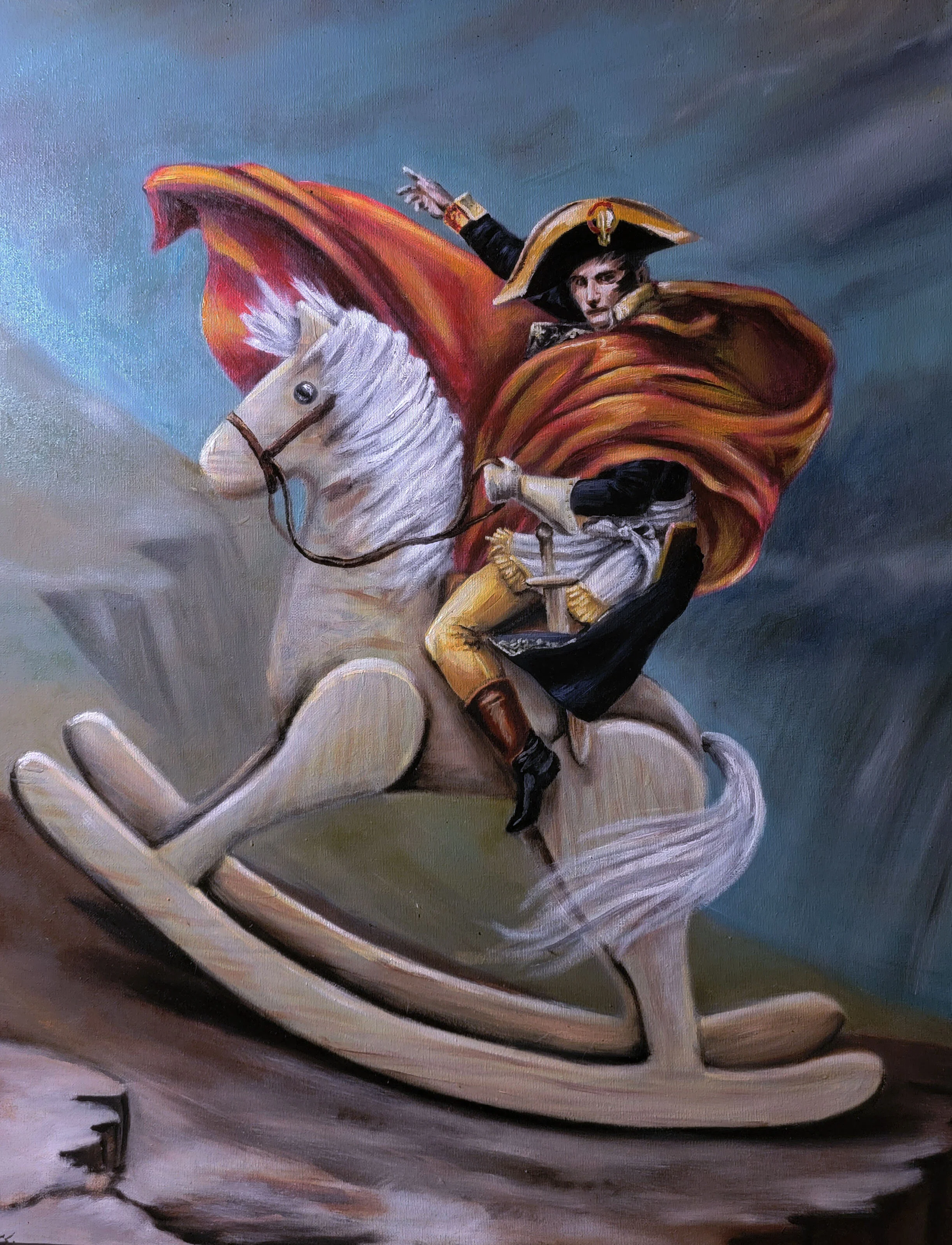 Napoleon Crossing the Alps (Napoleon on his Horse), 24"x32", oil and acrylic on canvas, 2021