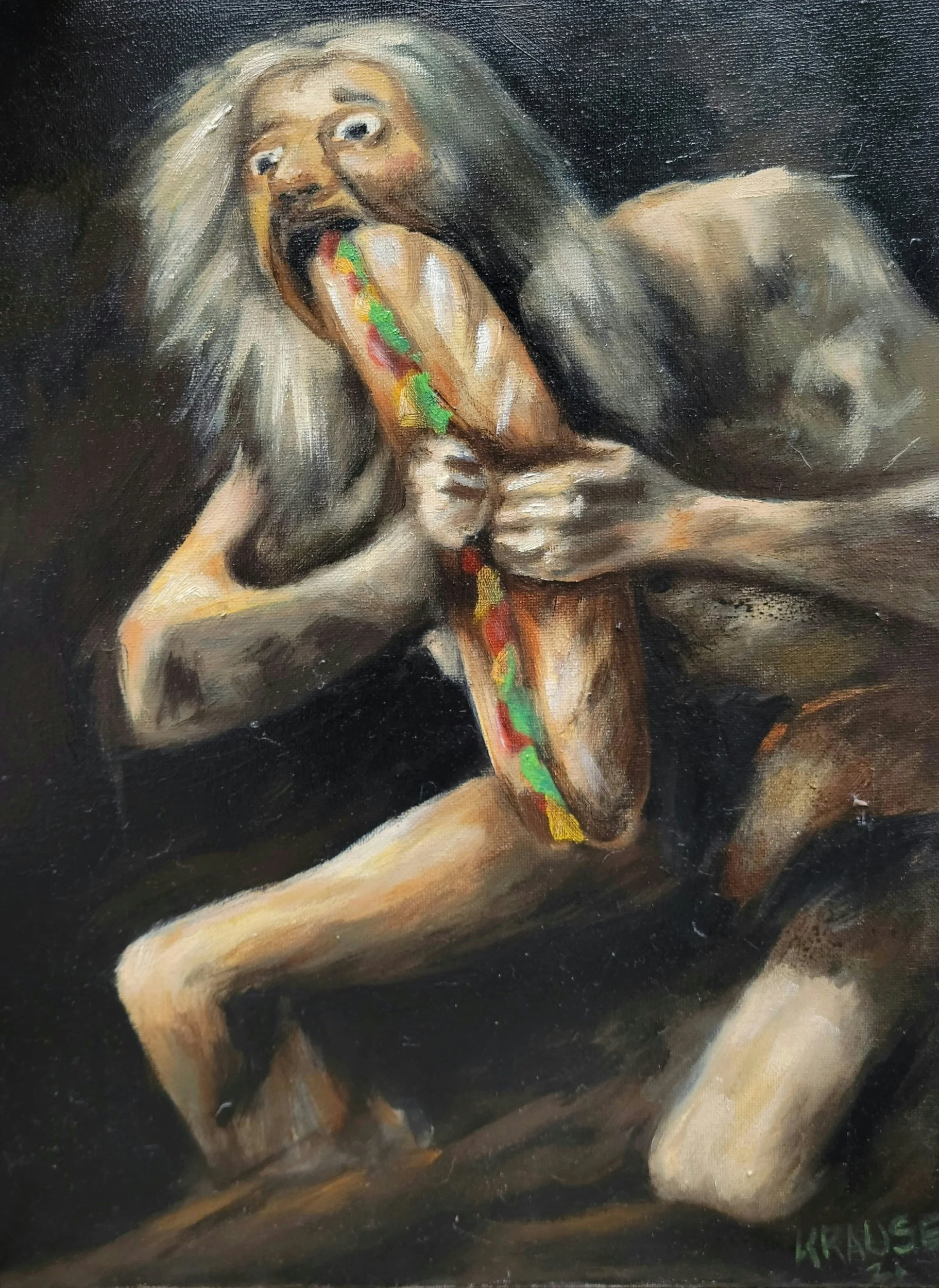 Saturn Devouring his Sandwich, 12"x16", oil and acrylic on canvas, 2021