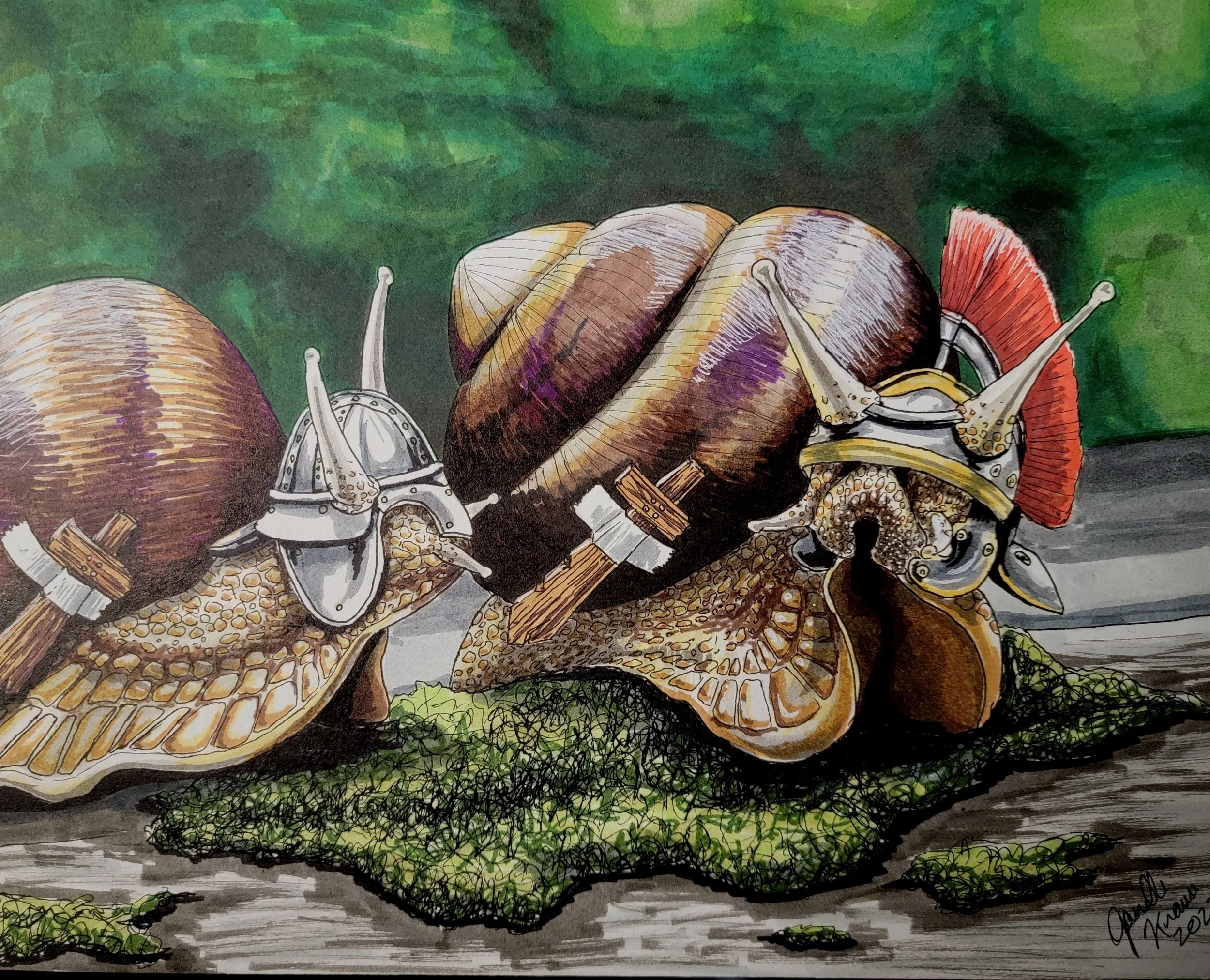 Snail Centurions, 9"x 12", alcohol marker and ink on illustration board, 2021