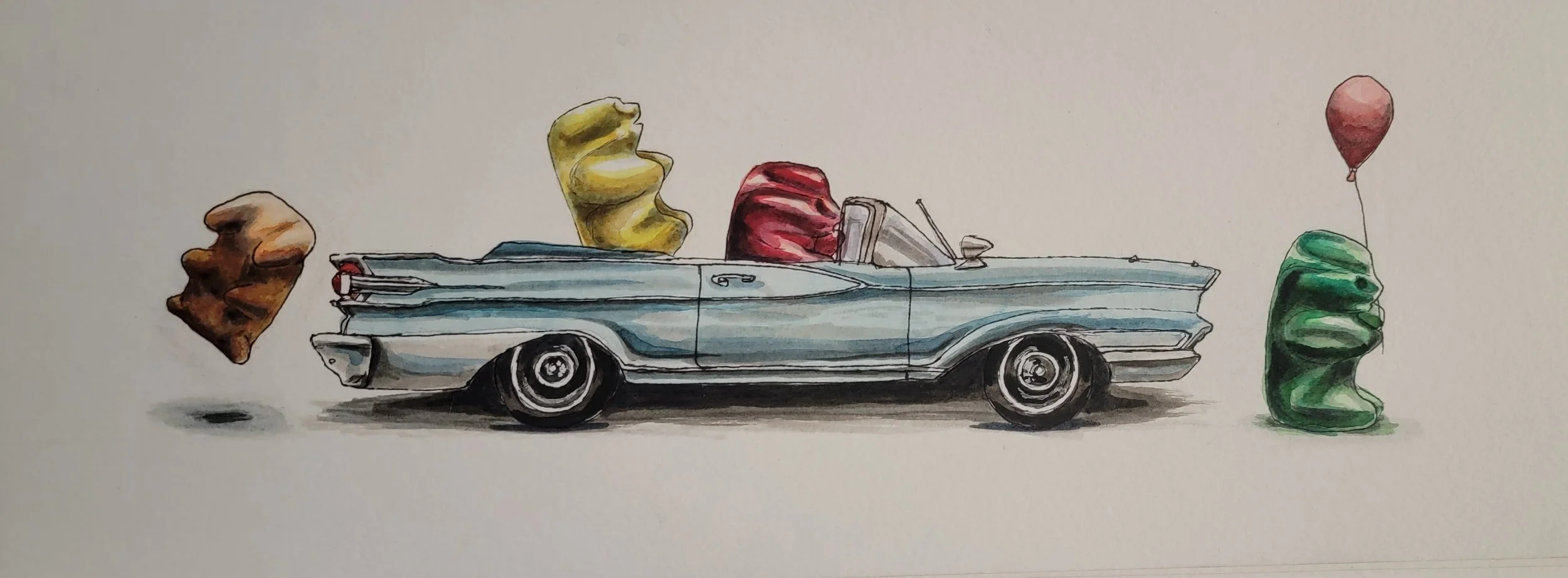 Gummy Bear Parade, 6"x 14", marker, watercolor and ink on watercolor paper, 2021