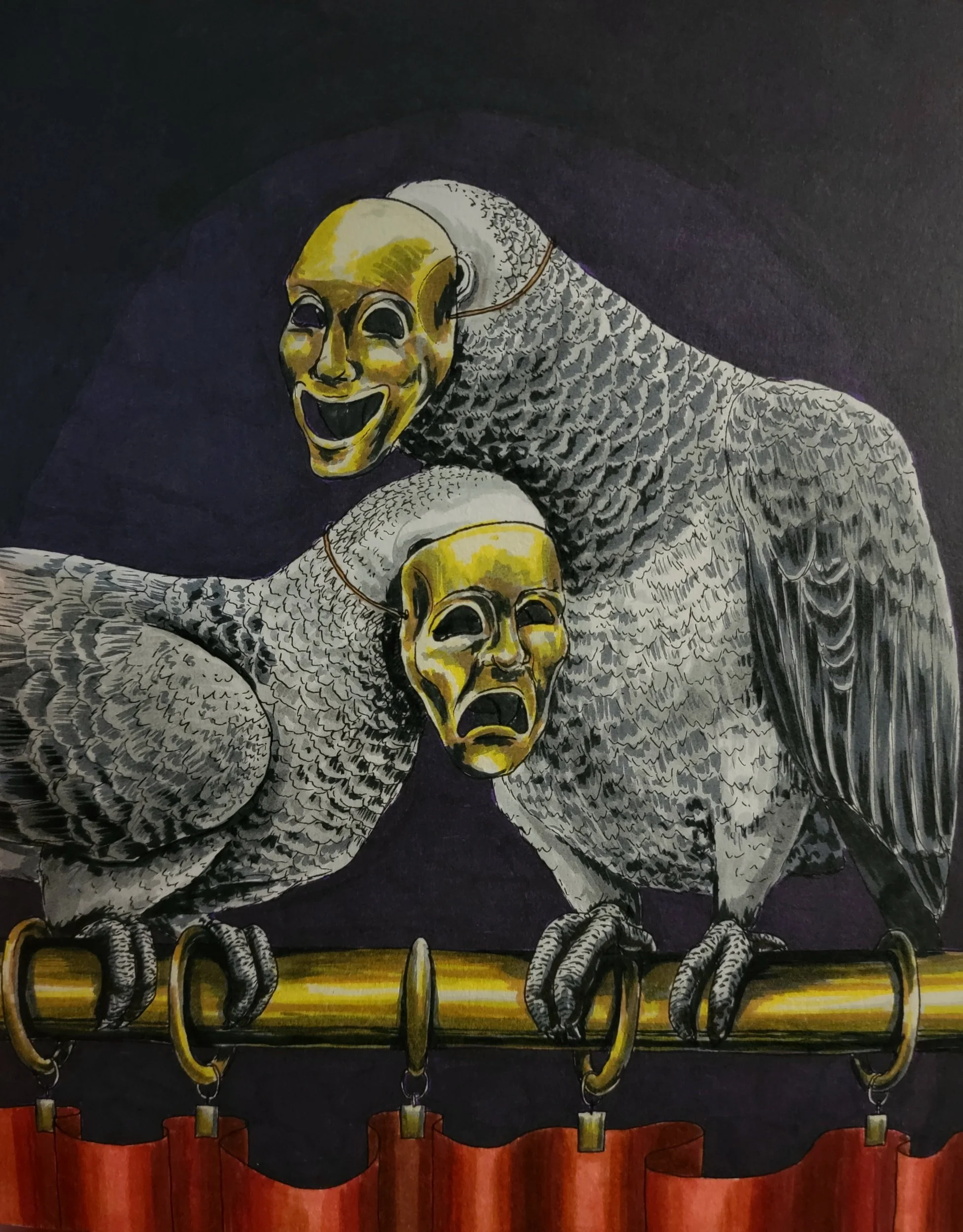 Drama Parrots, 8"x10", alcohol marker and ink on illustration board, 2021