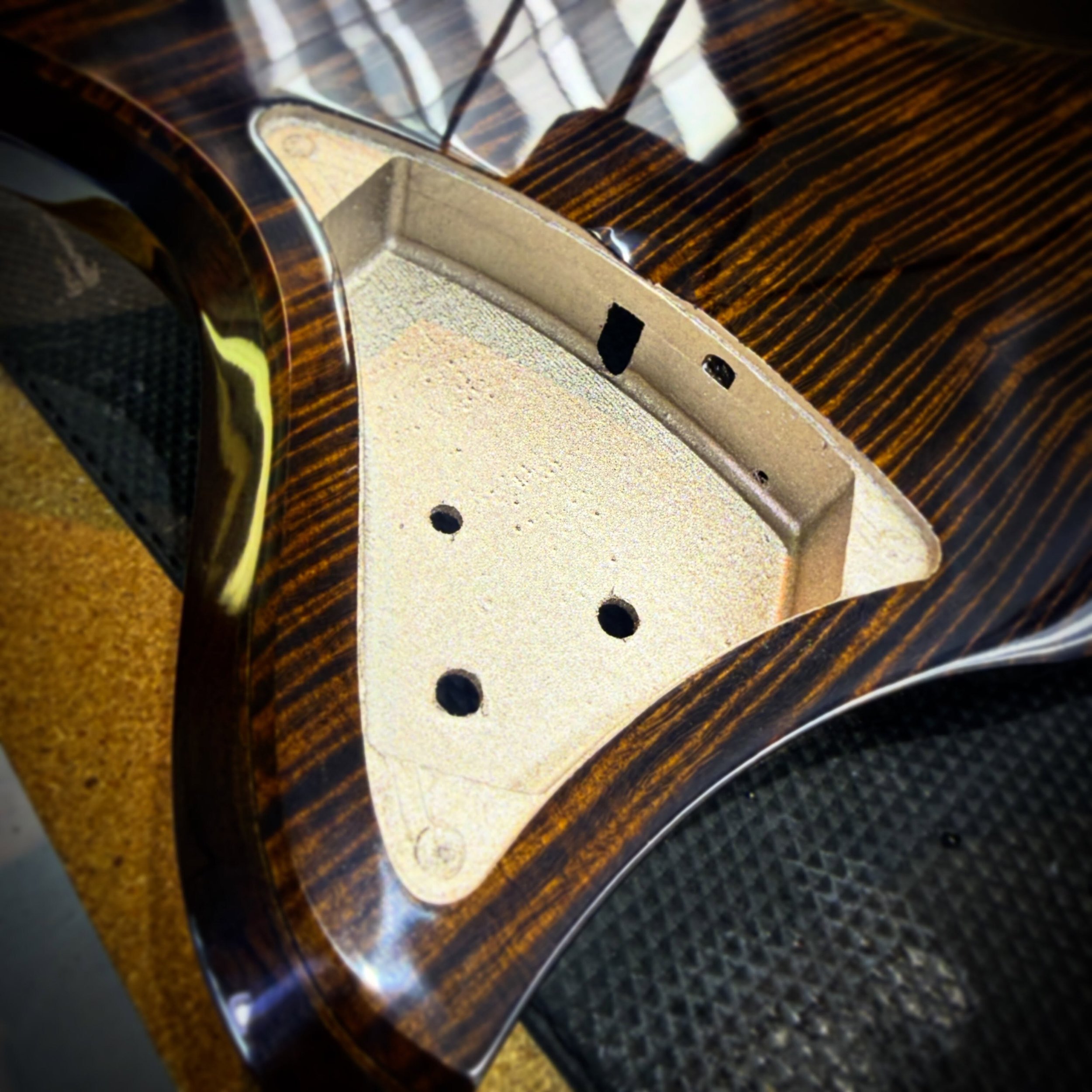 Silver plated copper shielding. Makes the cavities feel complete. 🥰 

#customguitar #boutiqueguitars #finewoodworking #guitarlovers #guitarbuilder
