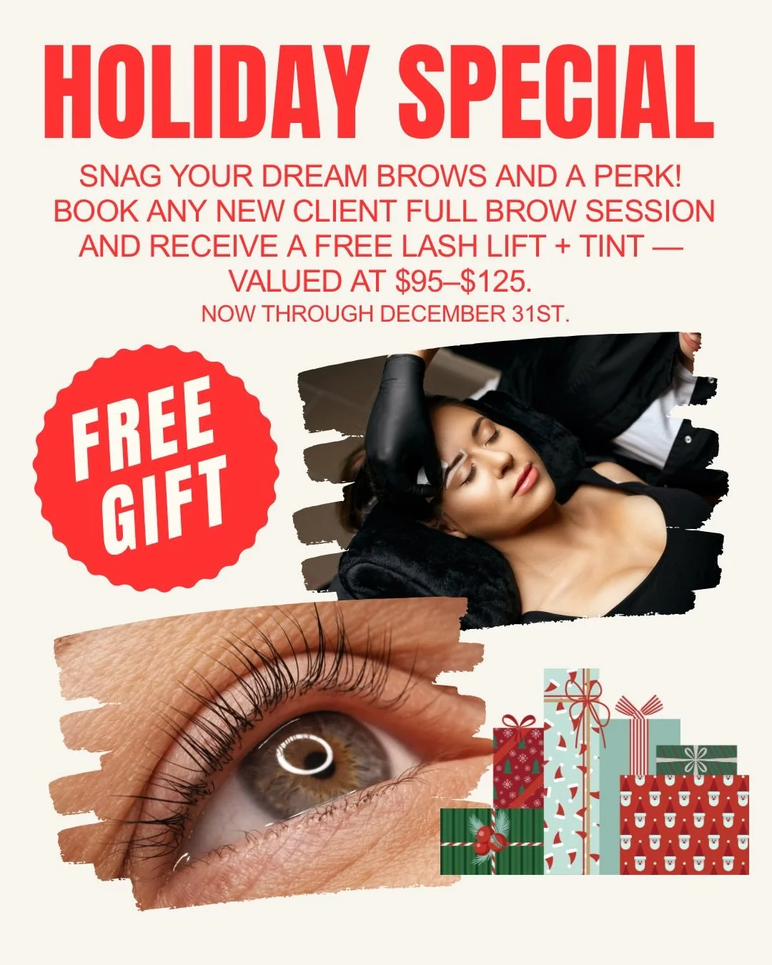 ✨ Holiday Glow-Up Special ✨
Snag your dream brows and a little extra perk this season! 🎁

Now through December 31st, when you book any new client full brow session, you&rsquo;ll receive a FREE Lash Lift + Tint &mdash; a $95&ndash;$125 value. Conside