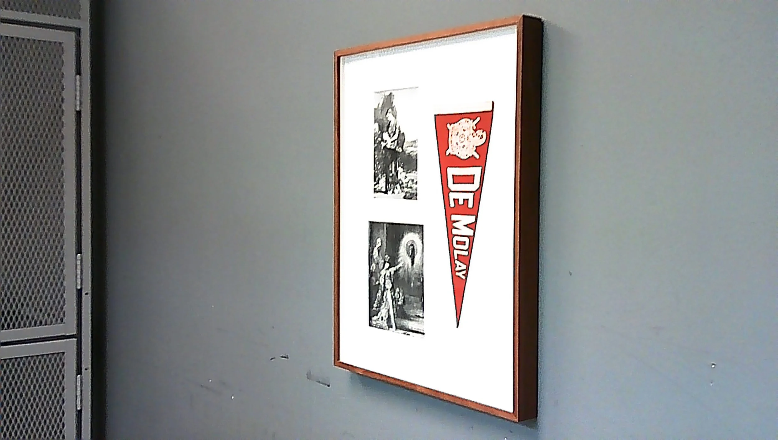 V.I.T.R.I.O.L. (De Molay), 2019
felt Order of De Molay pennant, circa mid-20th Century;
prints, circa late 19th Century, of Gustave Moreau's
Orpheus, 1865, and Salome dancing before Herod, 1876