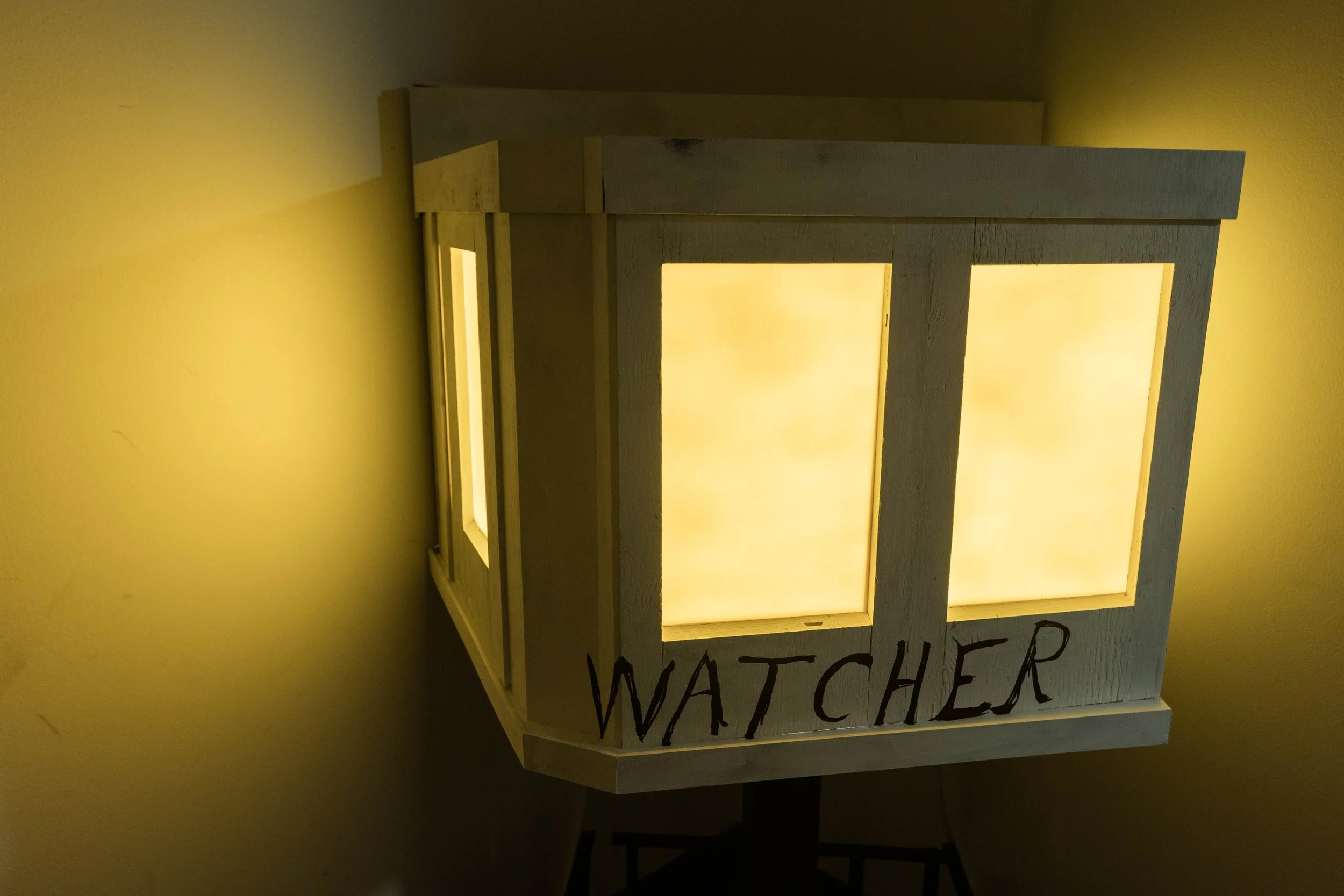 Watcher, 2026
wood, latex paint, acrylic paint, led light, acrylic panels