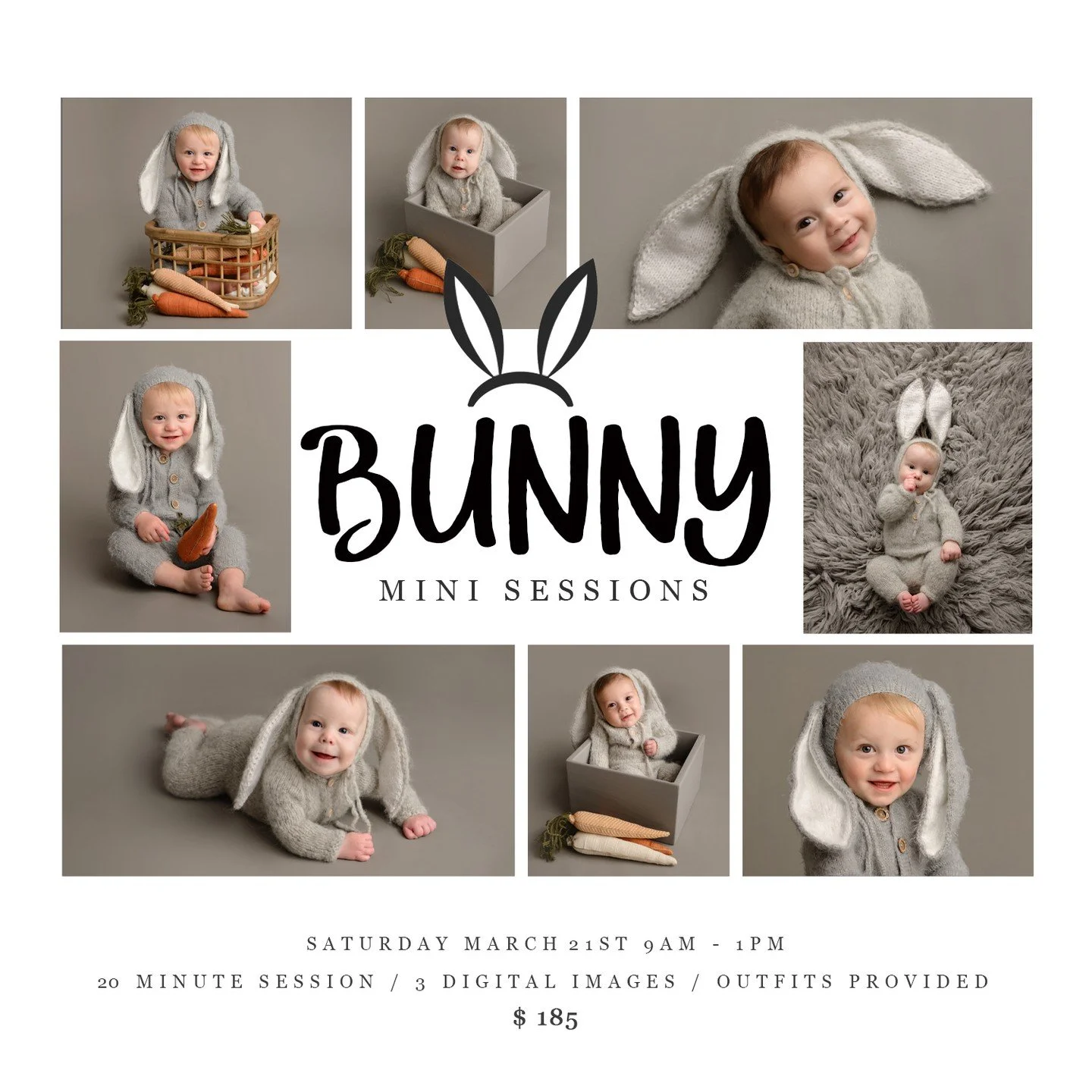 NOW BOOKING!! 

I have MORE outfits this year so now I can include my toddler friends!! 

Outfits include newborn (yes, I will do a newborn!!) to 2-3 years!! So whether you're a baby, sitting or running around, I can include you in my Bunny Minis!! L